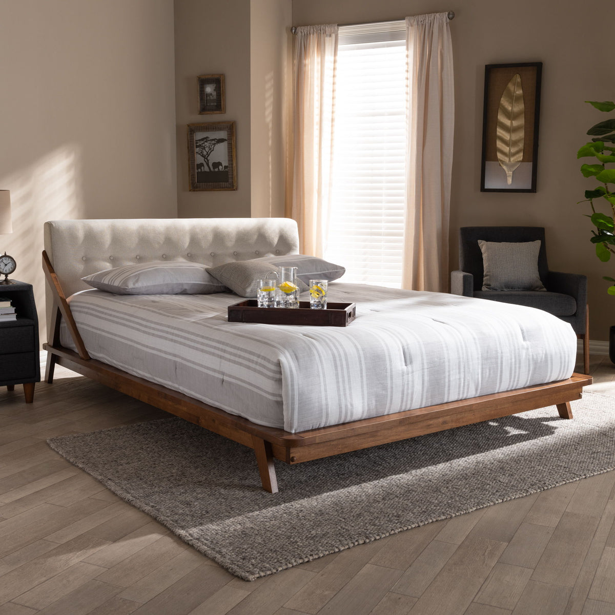 Sante Mid-Century Modern Light Beige Fabric Upholstered Wood King Size Platform Bed