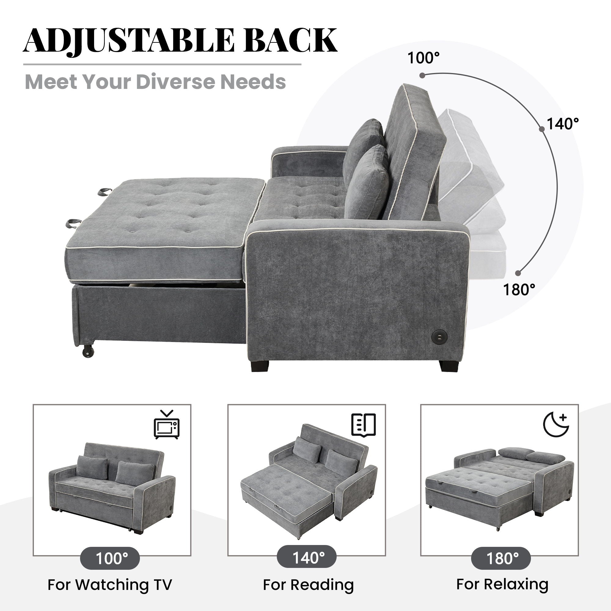 Upholstered Sleeper Bed Sofa With Dual USB Charging, Adjustable Backrest