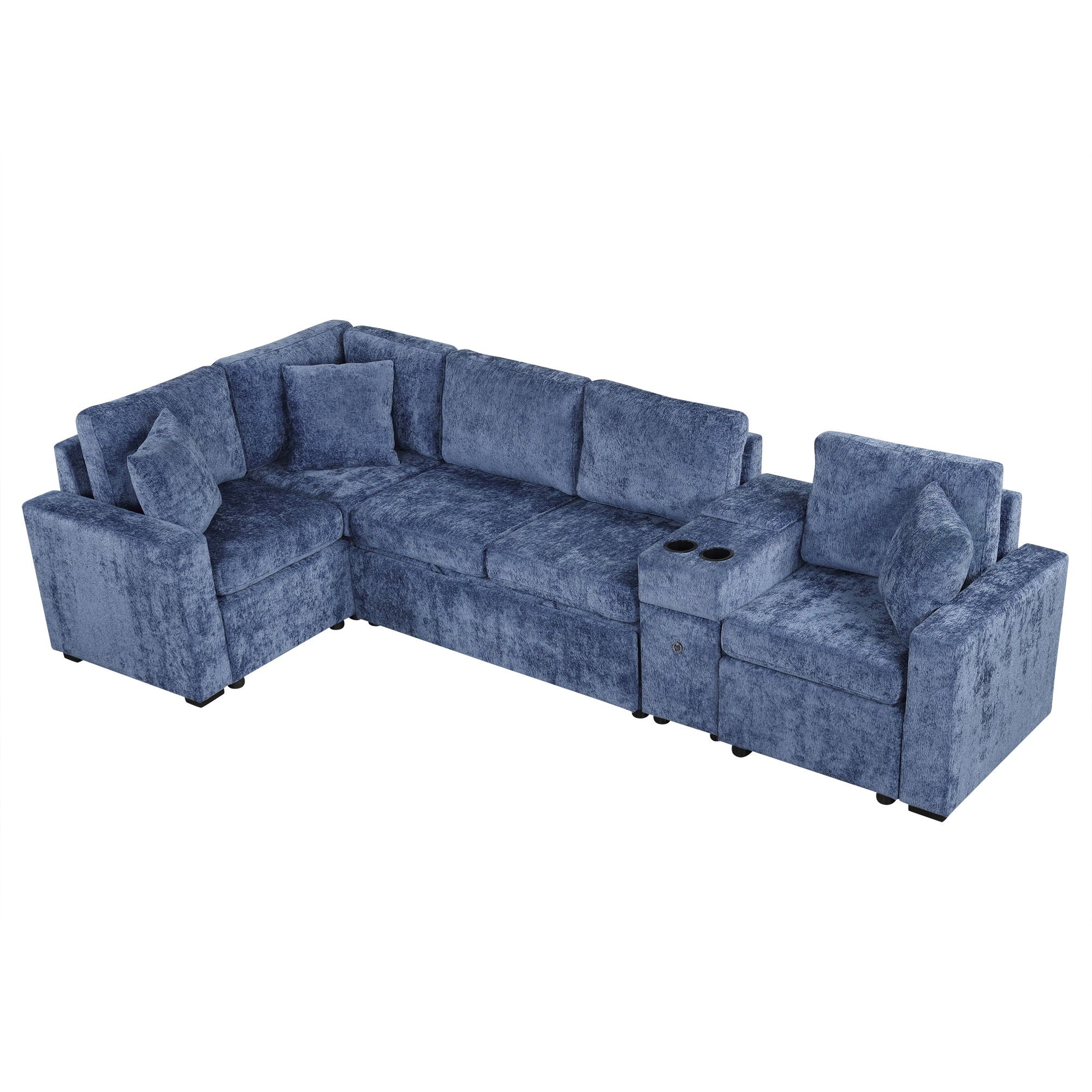 Contemporary L Shaped Convertible Sofa Bed With Pull Out Bed, Cup Holders, And Storage