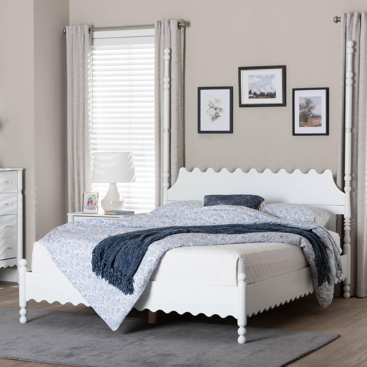 Hoffman Platform Bed - Farmhouse Bed Frame with Scalloped Design and Turned Posts, White, Queen