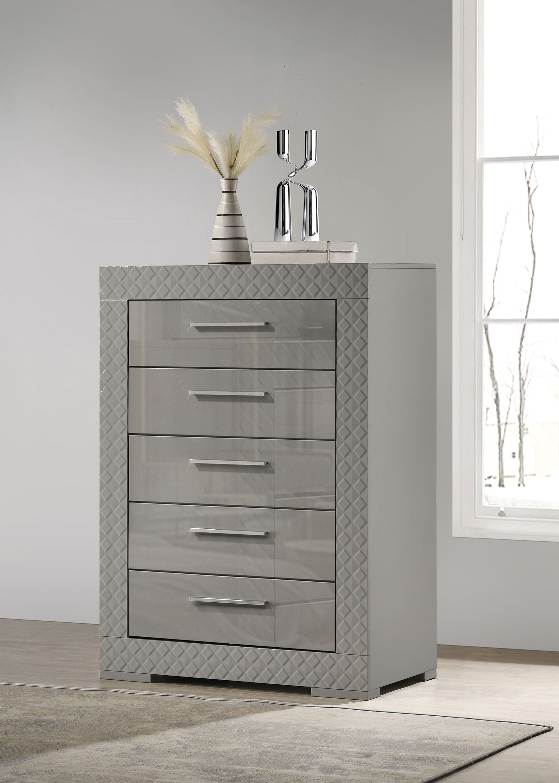 Coaster Fine Furniture Ives - 5-Drawer Bedroom Chest Of Drawers - Gray High Gloss | Meri Furniture