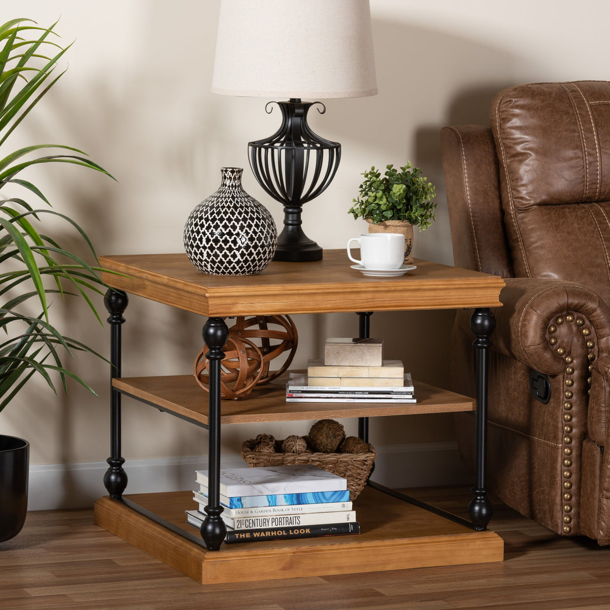 Sebastian Traditional Industrial Oak Brown Finished Wood and Black Metal 3-Tier End Table