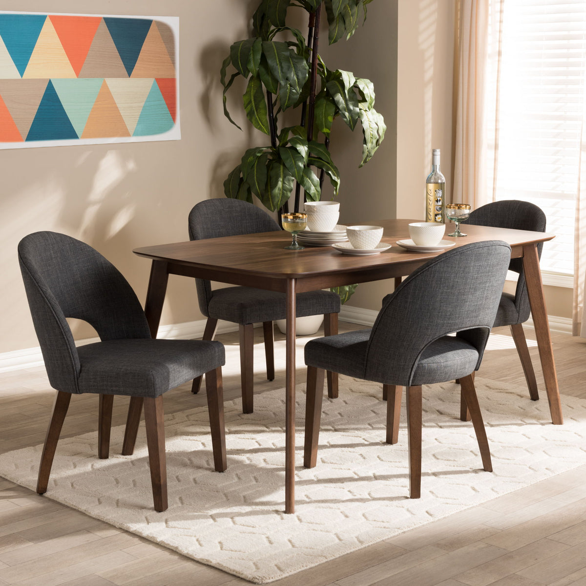 Wesley Mid-Century Modern Dark Grey Fabric Upholstered Walnut Finished Wood 5-Piece Dining Set