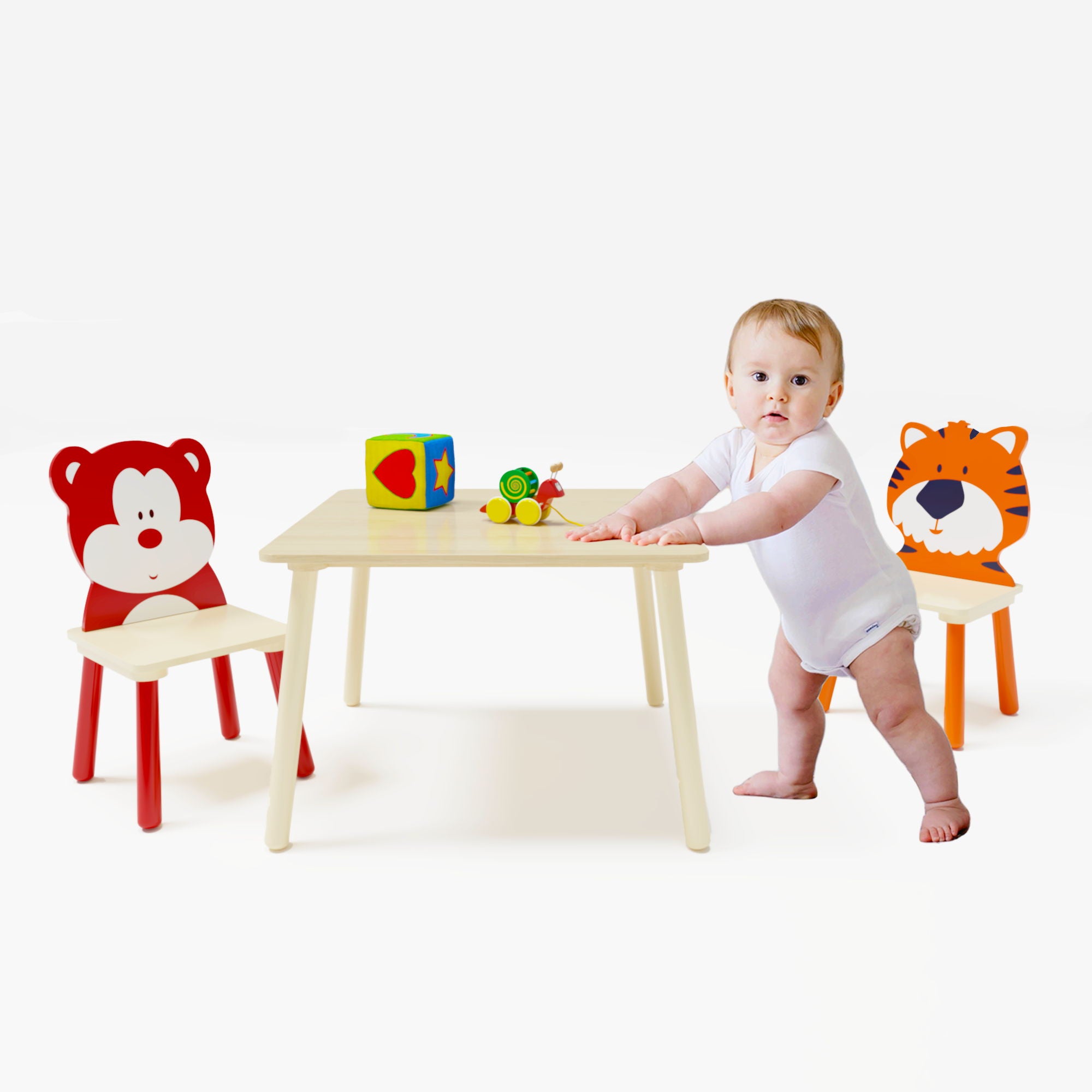 Table And 2 Chairs Set, Activity Play Table Set With Bear & Tiger Design - Natural