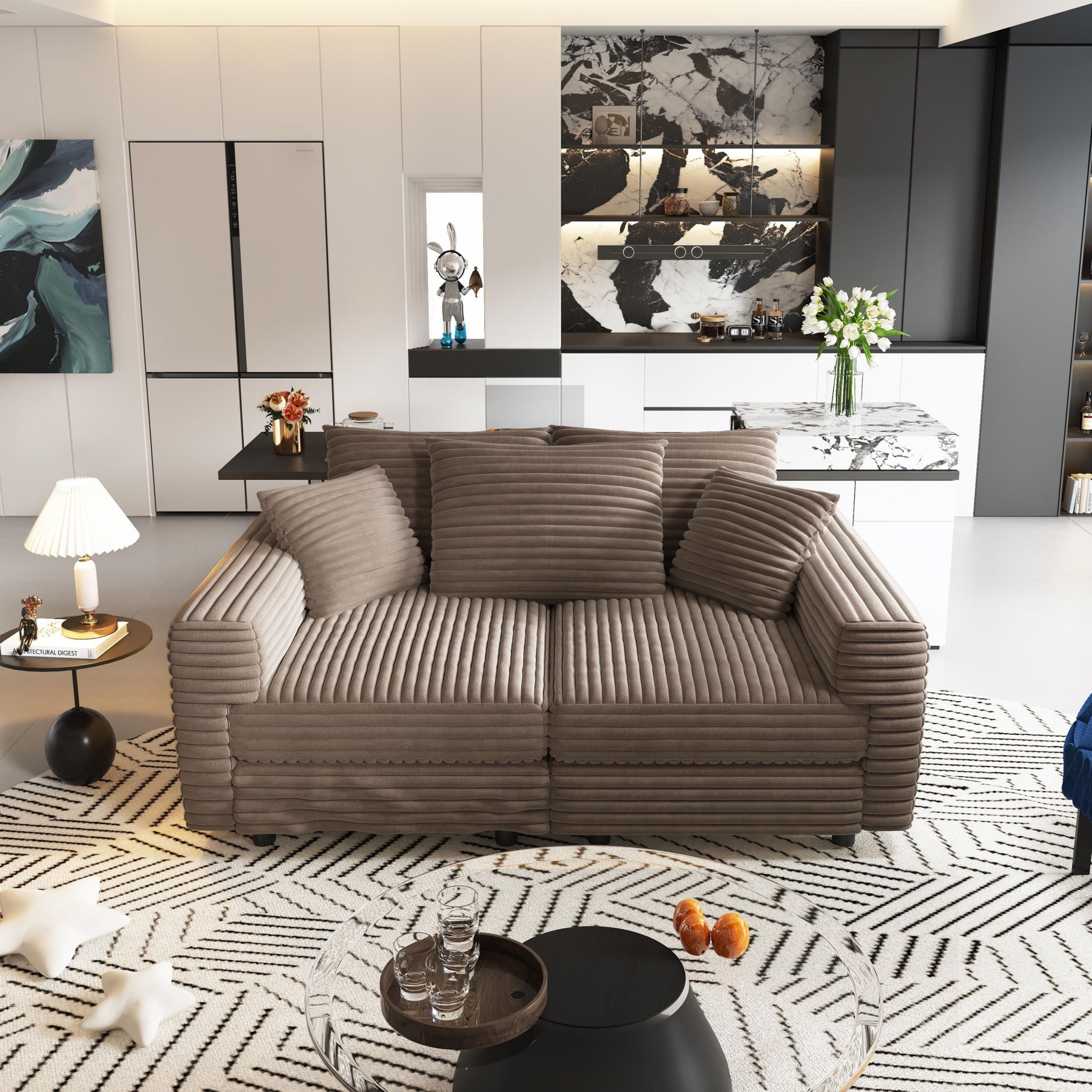 Deep Seat Convertible Sofa With Soft Pillows And Ottomans