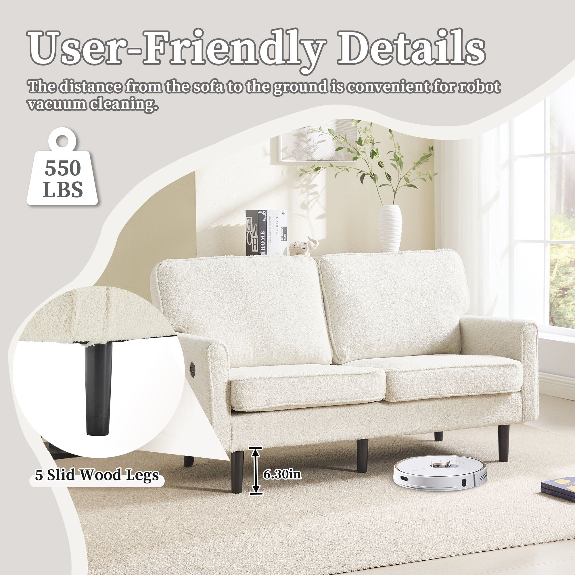 Mid Century Modern Loveseat Sofa With USB Ports, Removable Pillow Cover