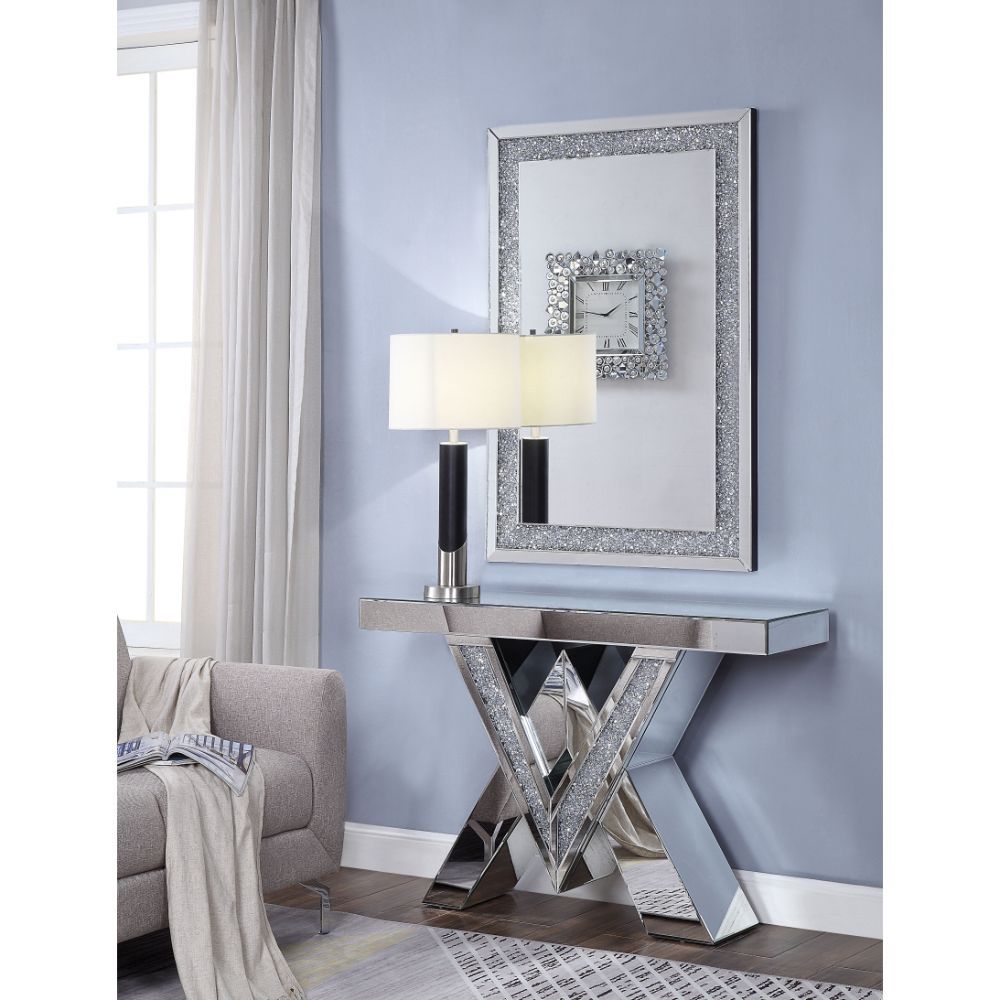 Noralie - Console Table, "V" Shape Pedestal - Mirrored & Faux Diamonds