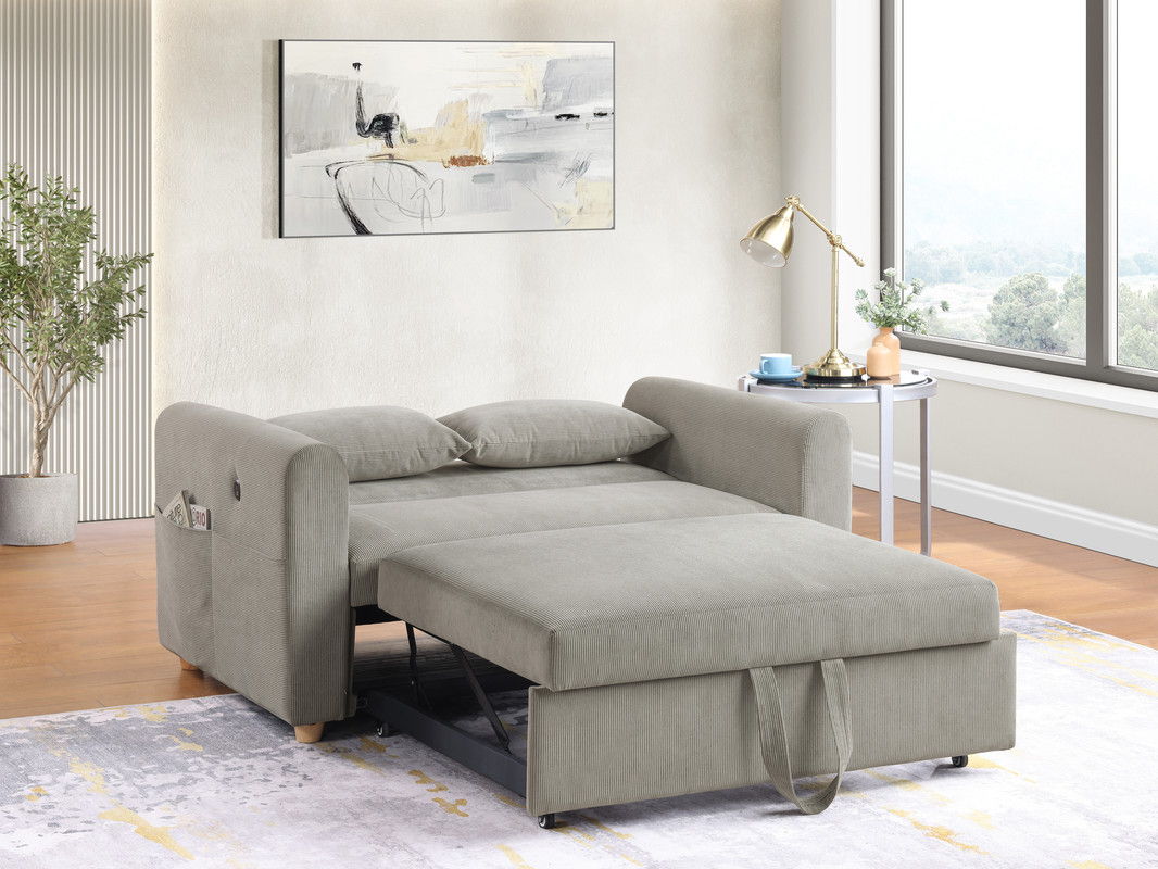 Marielle 55"W Gray Corduroy Convertible Sleeper Loveseat with USB Ports, Magazine Pockets, and Pillows