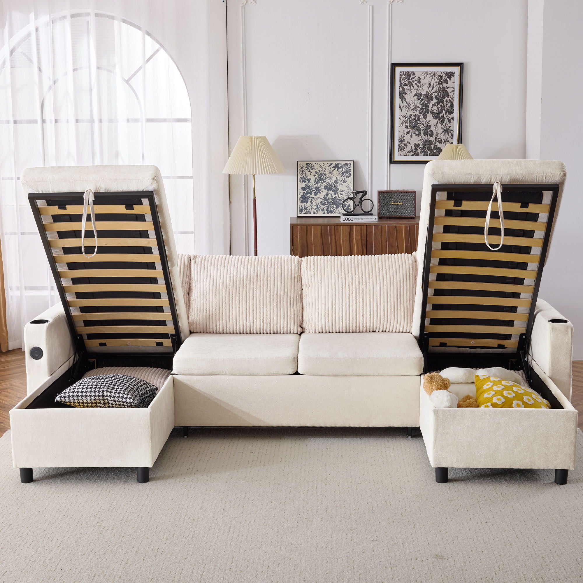 Sectional Sofa Bed With Pull Out Sleeper, USB Ports, Cup Holders