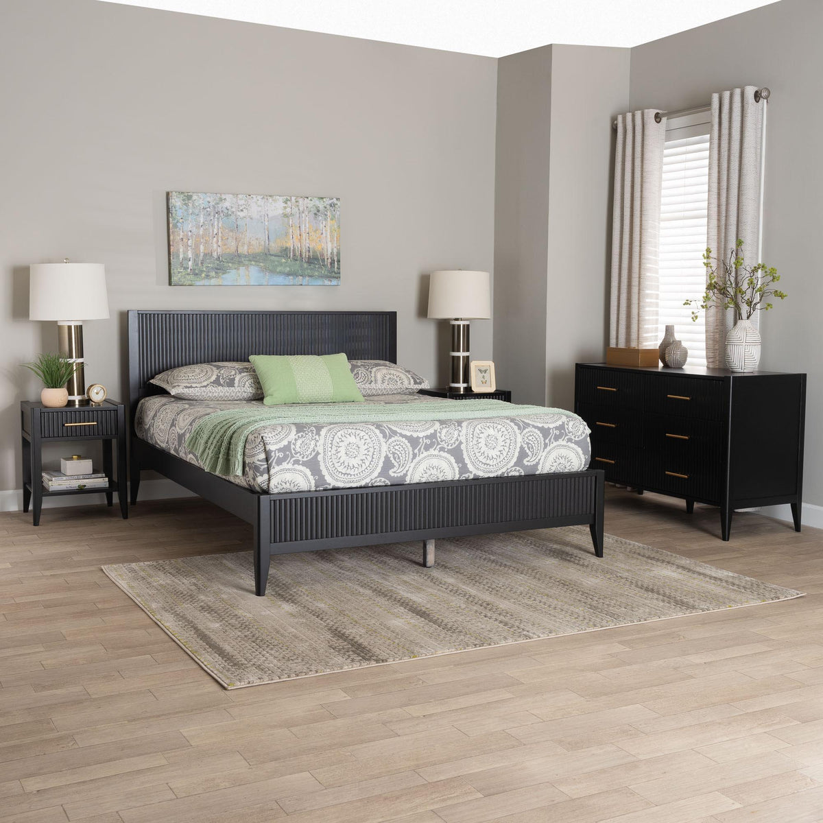 Primrose Mid-Century Black Fluted Wood King Size 4-Piece Bedroom Set