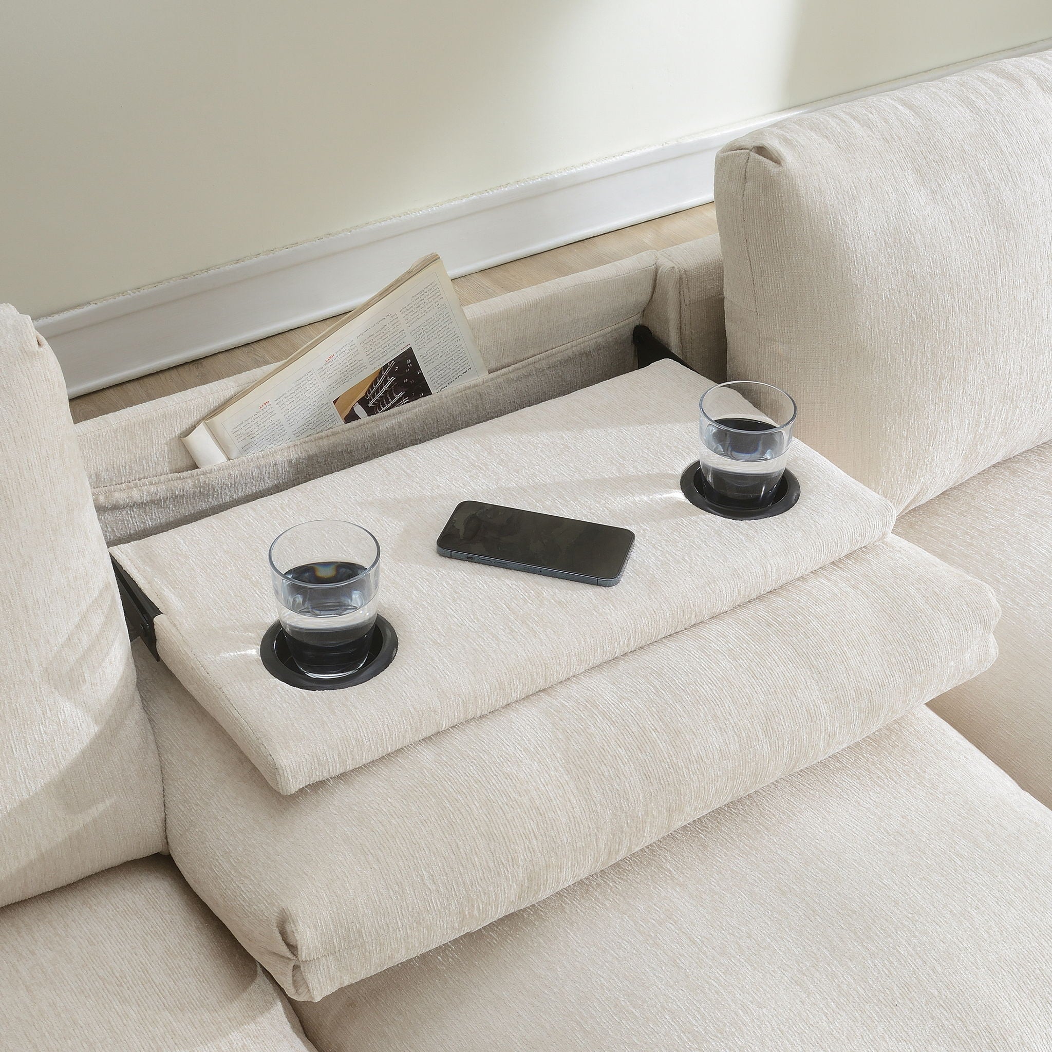 Sectional With Bluetooth Speaker Comfy Cloud Couch Set With Drop Down Table Cup Holders, USB Charger Storage Armrest Wide Seat Sofa