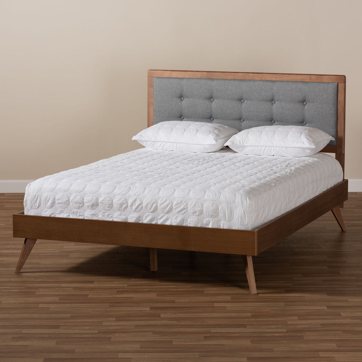 Ines Mid-Century Modern Dark Grey Fabric Upholstered Walnut Brown Finished Wood King Size Platform Bed