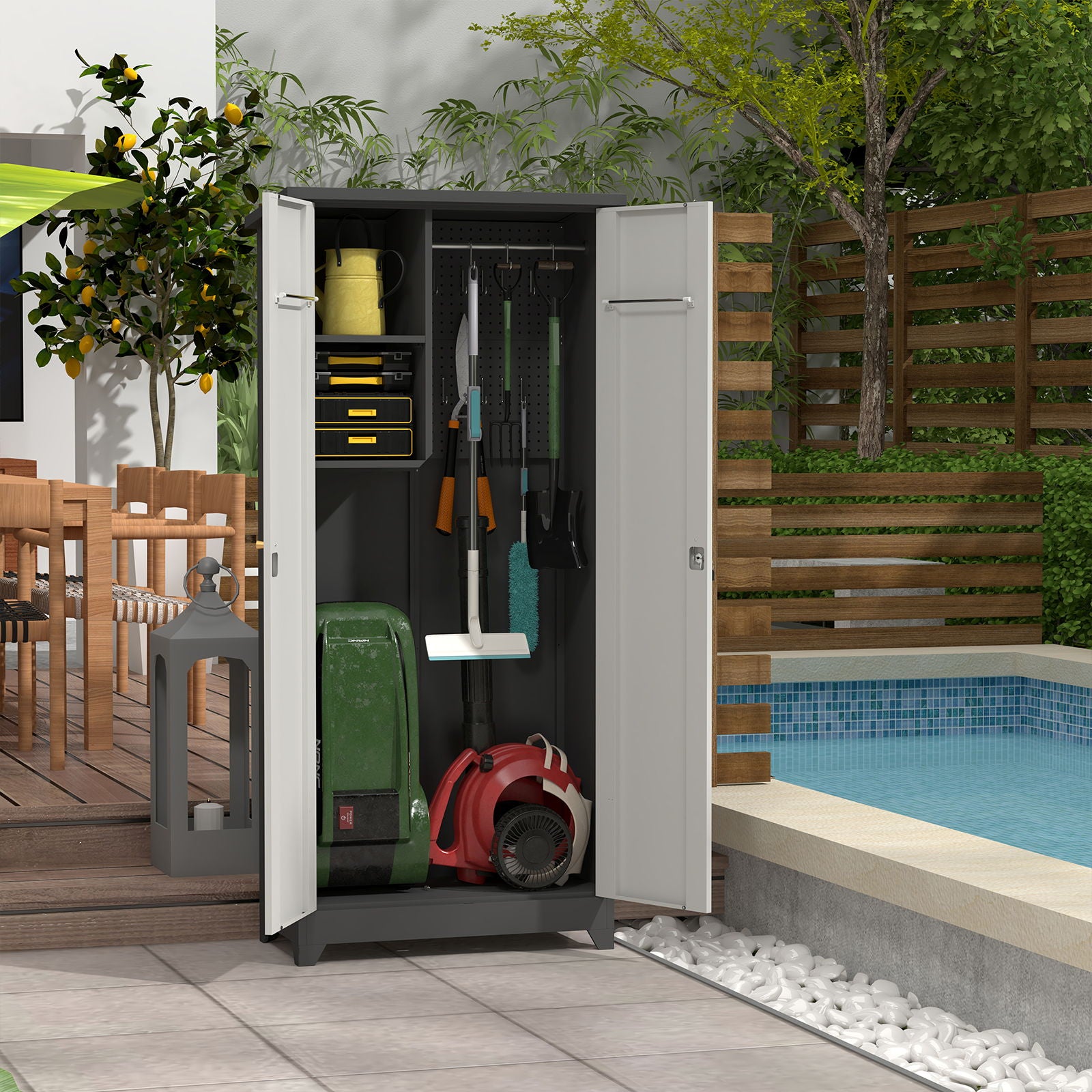 Outdoor Cabinet, Large Capacity Storage Vertical Tall Design With Shelves And Secure Lock