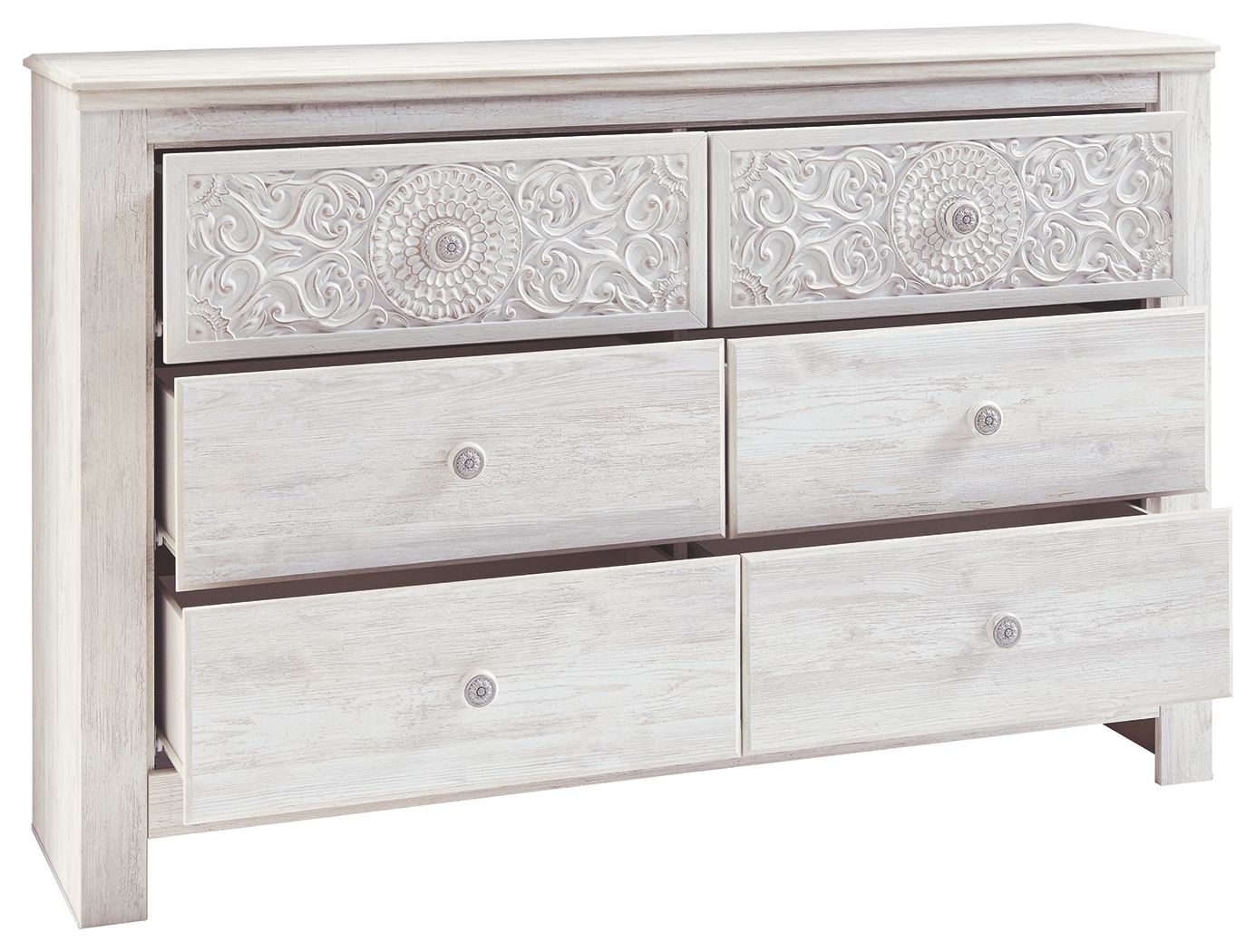 Ashley Furniture Paxberry - Whitewash - Six Drawer Dresser - Medallion Drawer Pulls | Meri Furniture