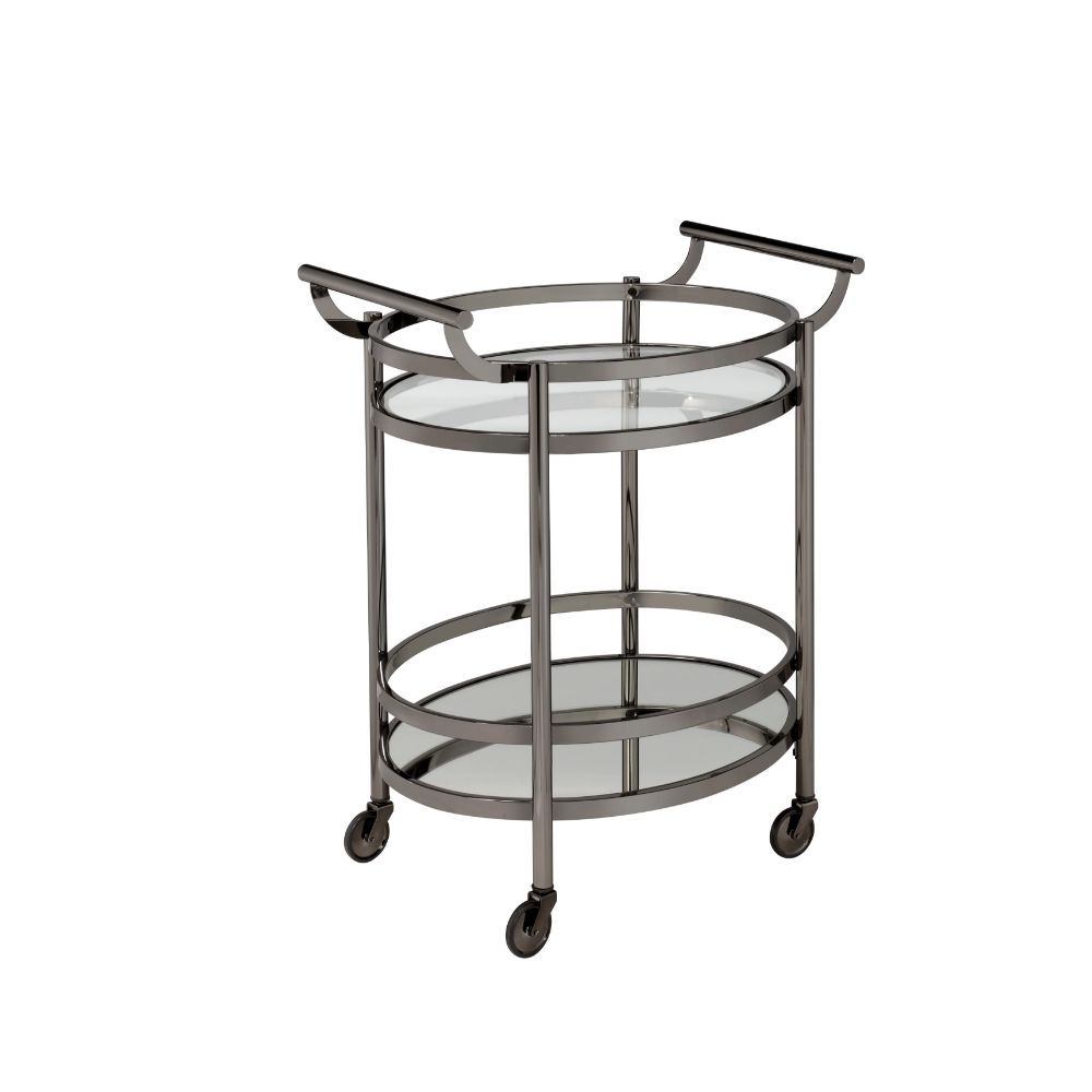 ACME Show off your personality with the Lakelyn serving cart. The clear tempered glass top and mirror bottom are the ideal place for placing your dishes and dining accessories. Roll it where need be on its softer rubber wheels and prepare to entertain. |