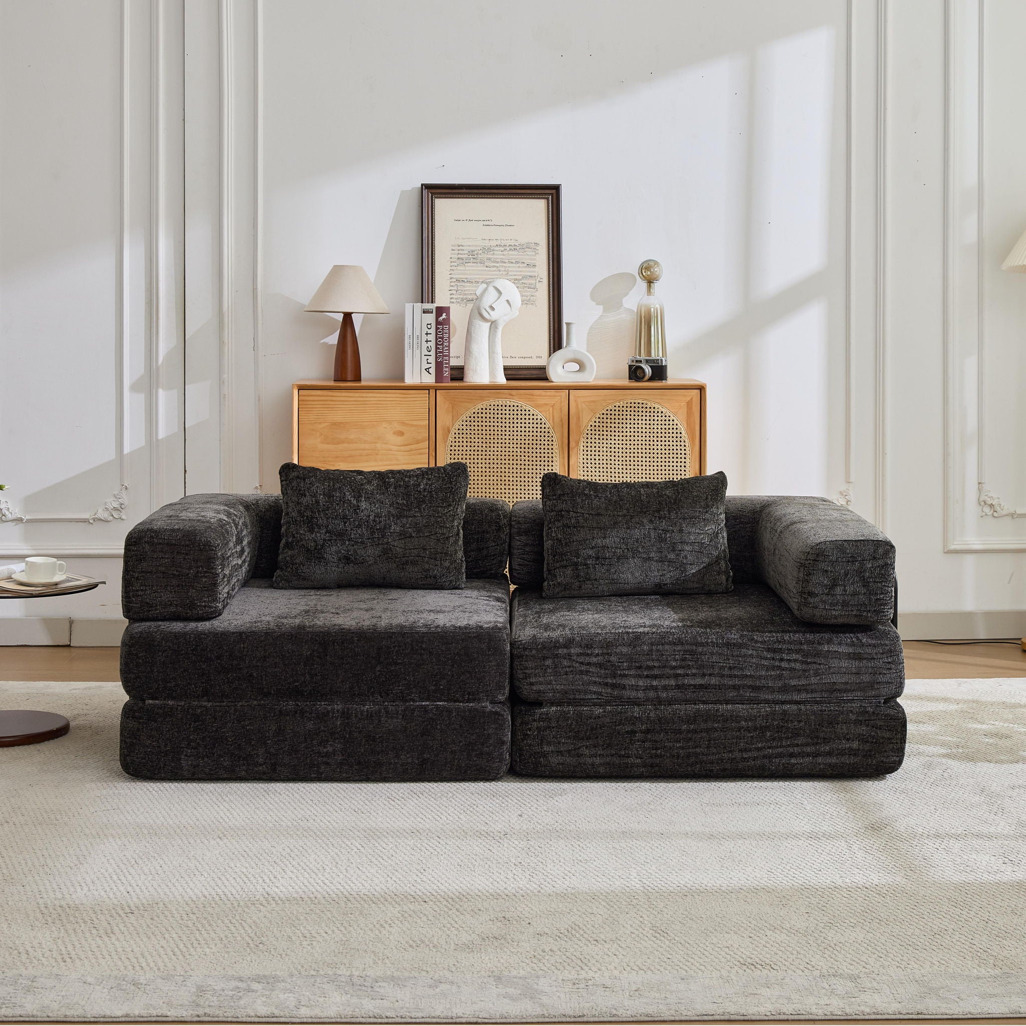 Convertible Floor Sofa Bed With Pillow Back Support Armrest