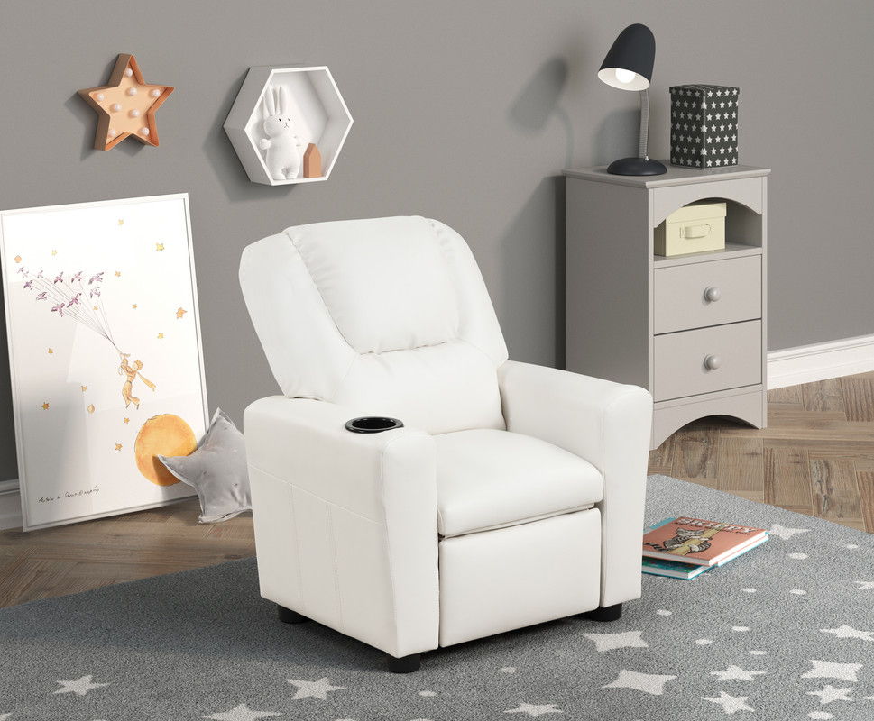 Marisa 23"W White PU Leather Kids Recliner Chair with Cupholder