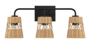 Moonlit - 3 Lights Wall Sconce With Shade, Bathroom Lighting Fixtures Over Mirror - Black / Rattan