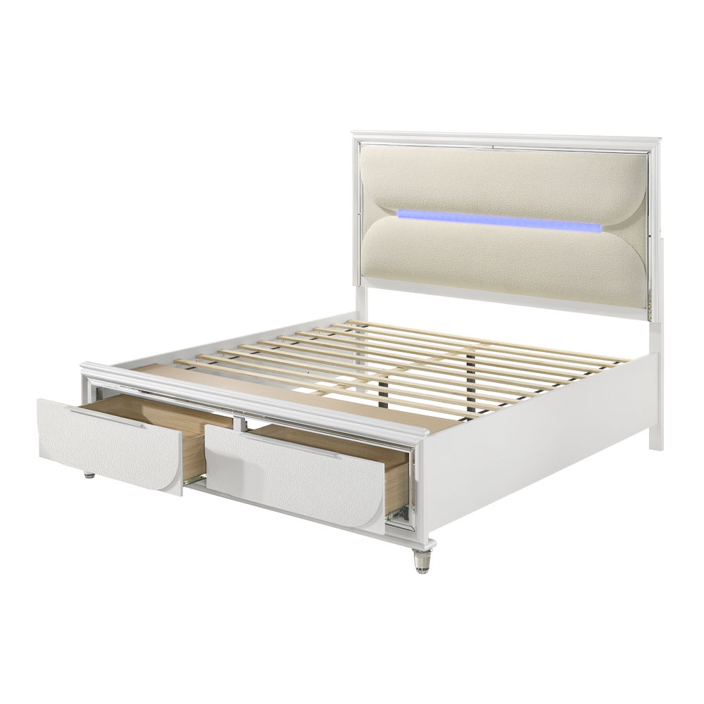 ACME Box Spring NOT Required (13 Slats), Padded Headboad, LED Included(Headboard & Mirror), Storage Footboard, Acrylic KD Legs, Drawer: Dovetail, 2/3 Extension Glide, Mirror Trim | Meri Furniture