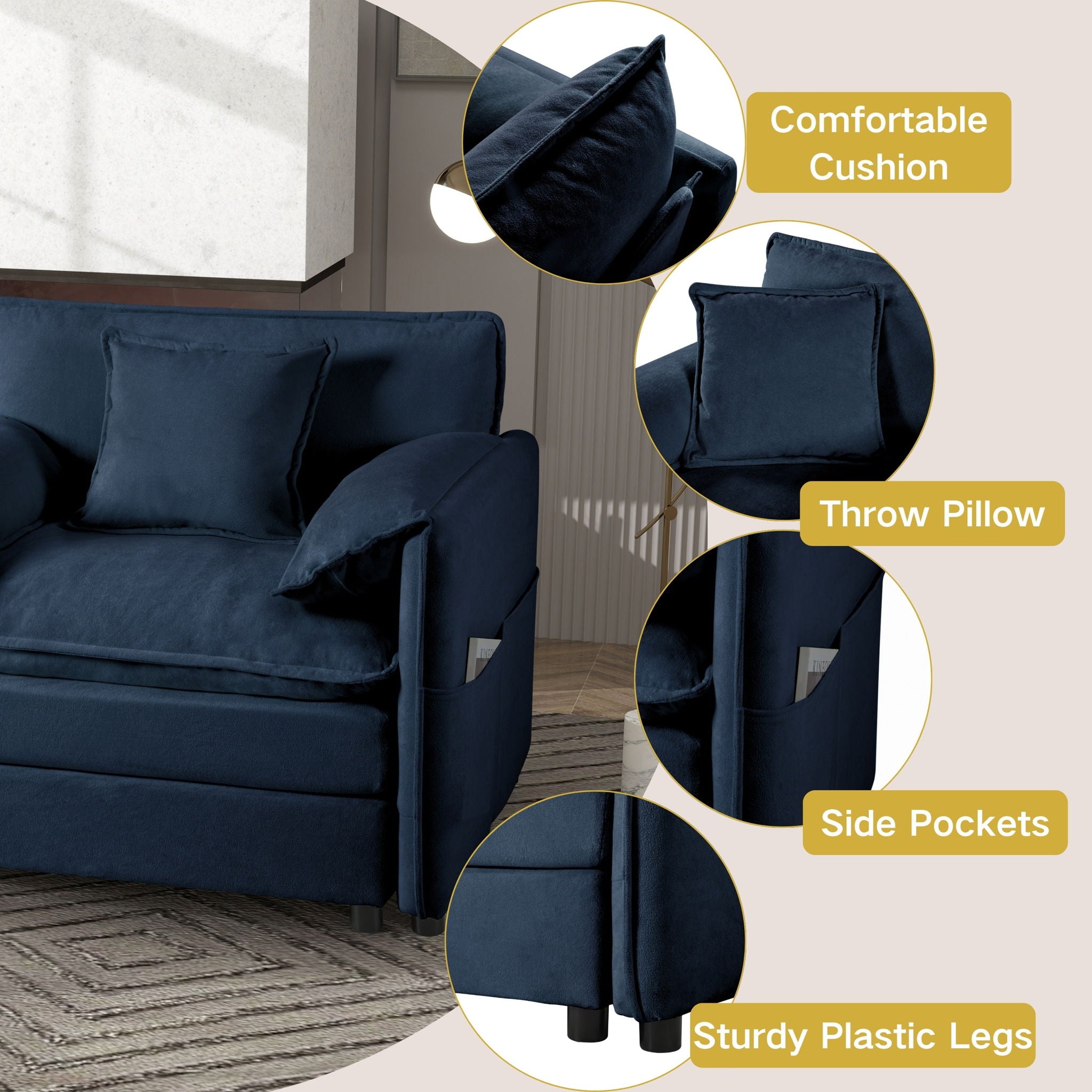 Modern Oversized Chenille Loveseat Sofa With Deep Seat And Diy Combination