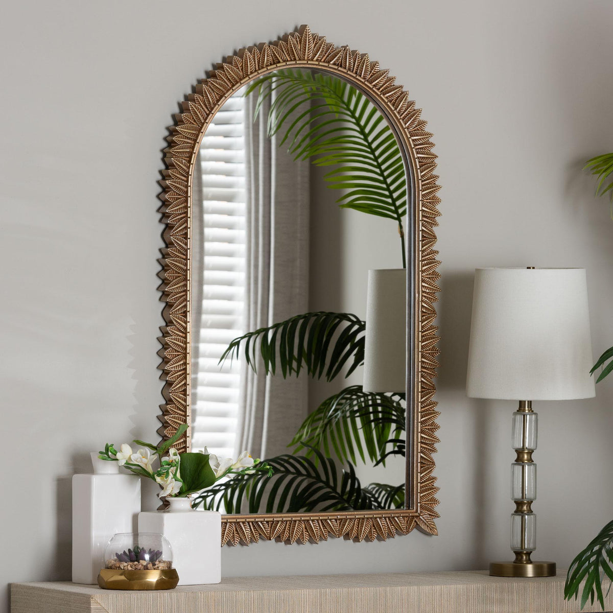 Caitlin Antique Gold Finished Wood Arch Accent Wall Mirror with Carved Leaf Border