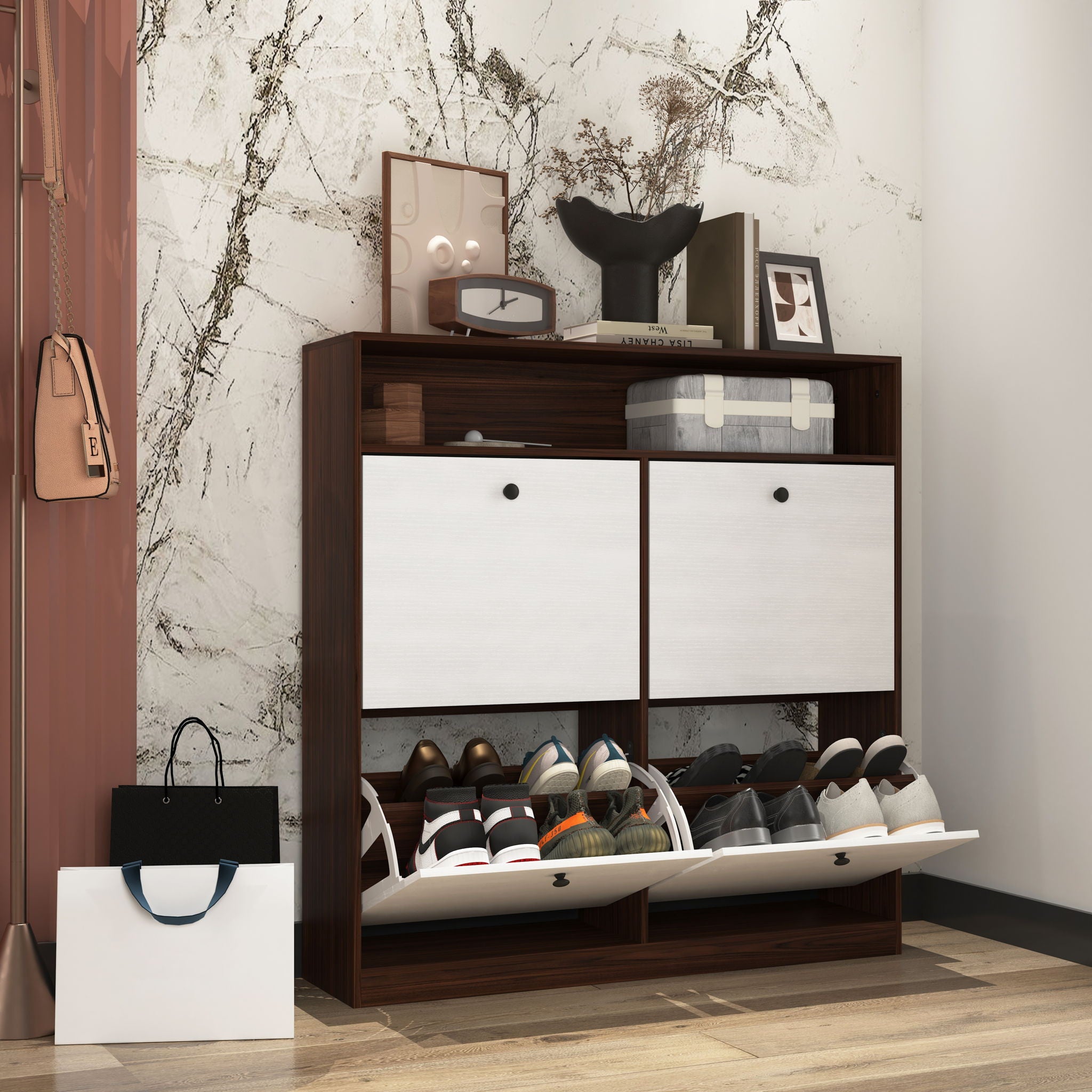 Modern Freestanding Shoe Storage Cabinet With 4 Flip Drawers