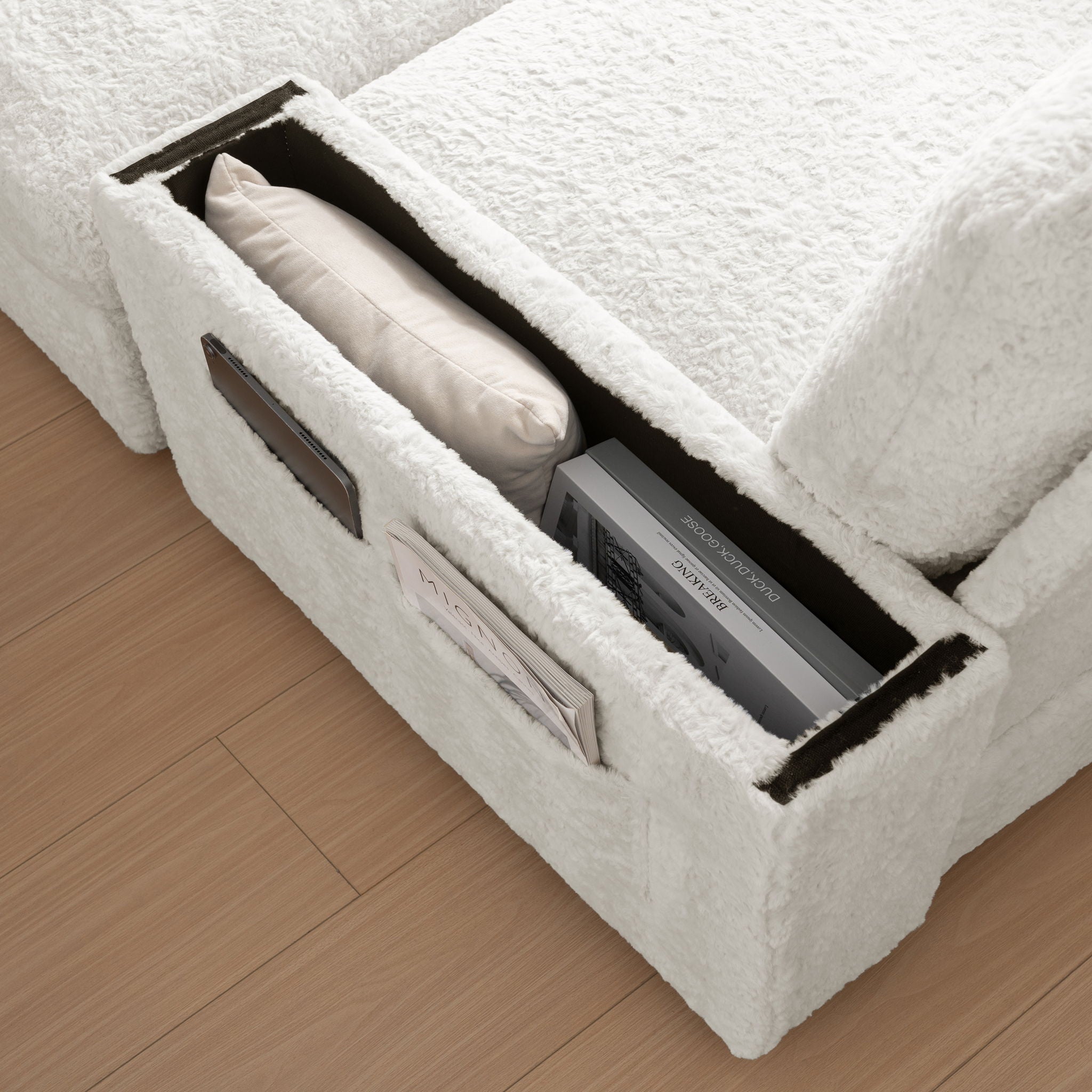 Oversized Chaise Lounge Indoor Rabbit Fur Sofa Bed With Storage Ottoman And Armrests Cup Holders With Deep Seat