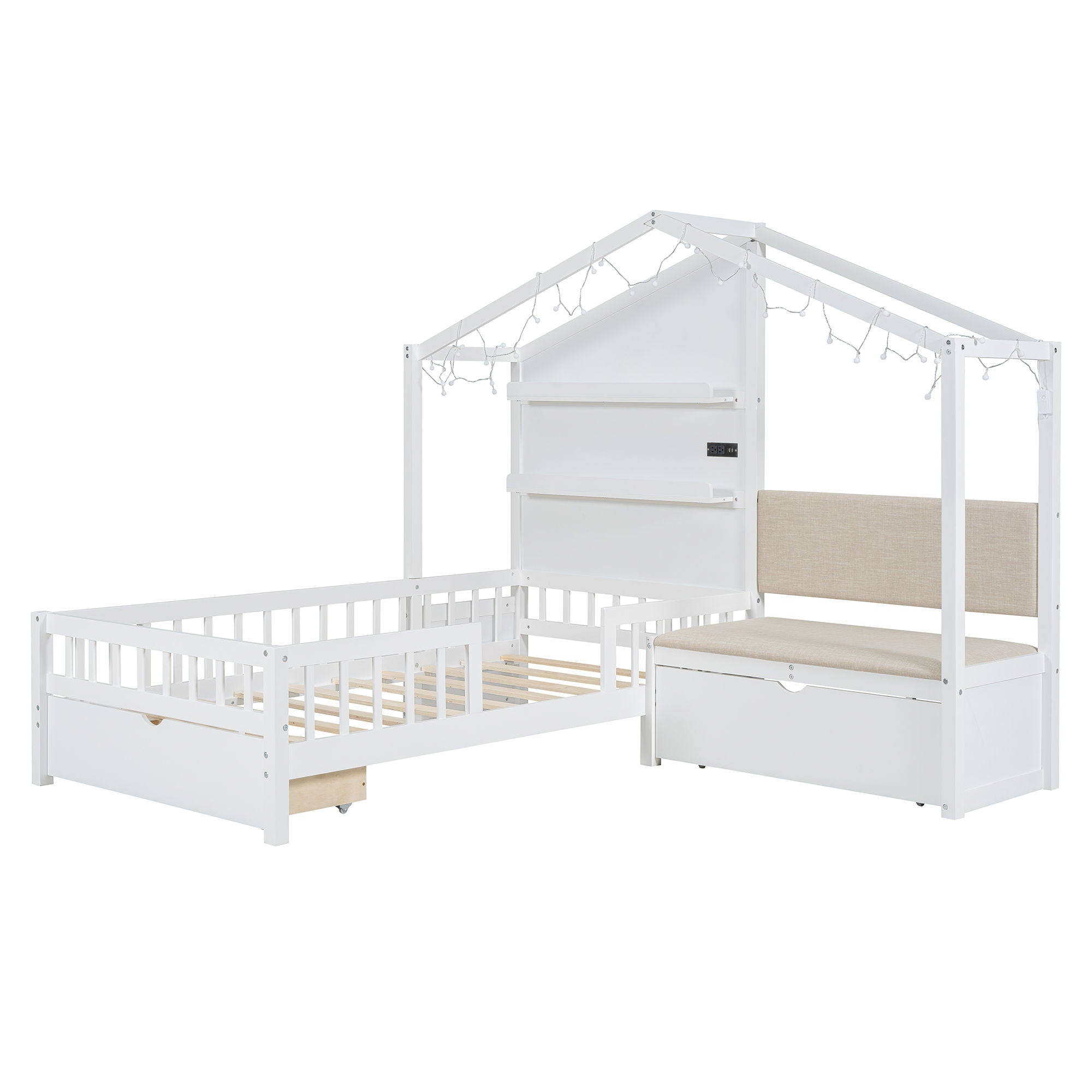 House Bed With Upholstered Sofa, Wireless Charging Station, Shelves And 2 Drawers