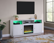 Ambrose 70"W White Walnut Finish Fireplace TV Stand Console with Heater, LED Light, Cabinets, Shelves