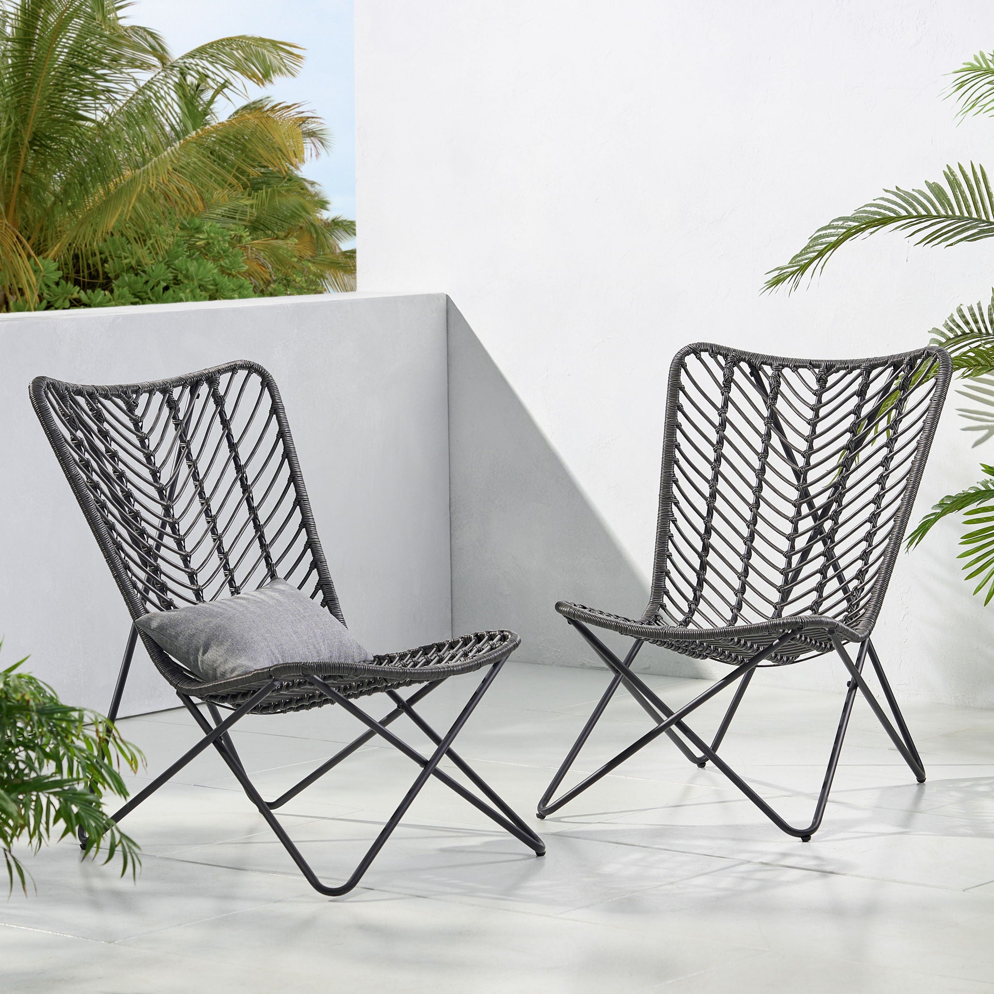 Outdoor Wicker Chair With Geometric Cross Base, (Set of 2) - Gray