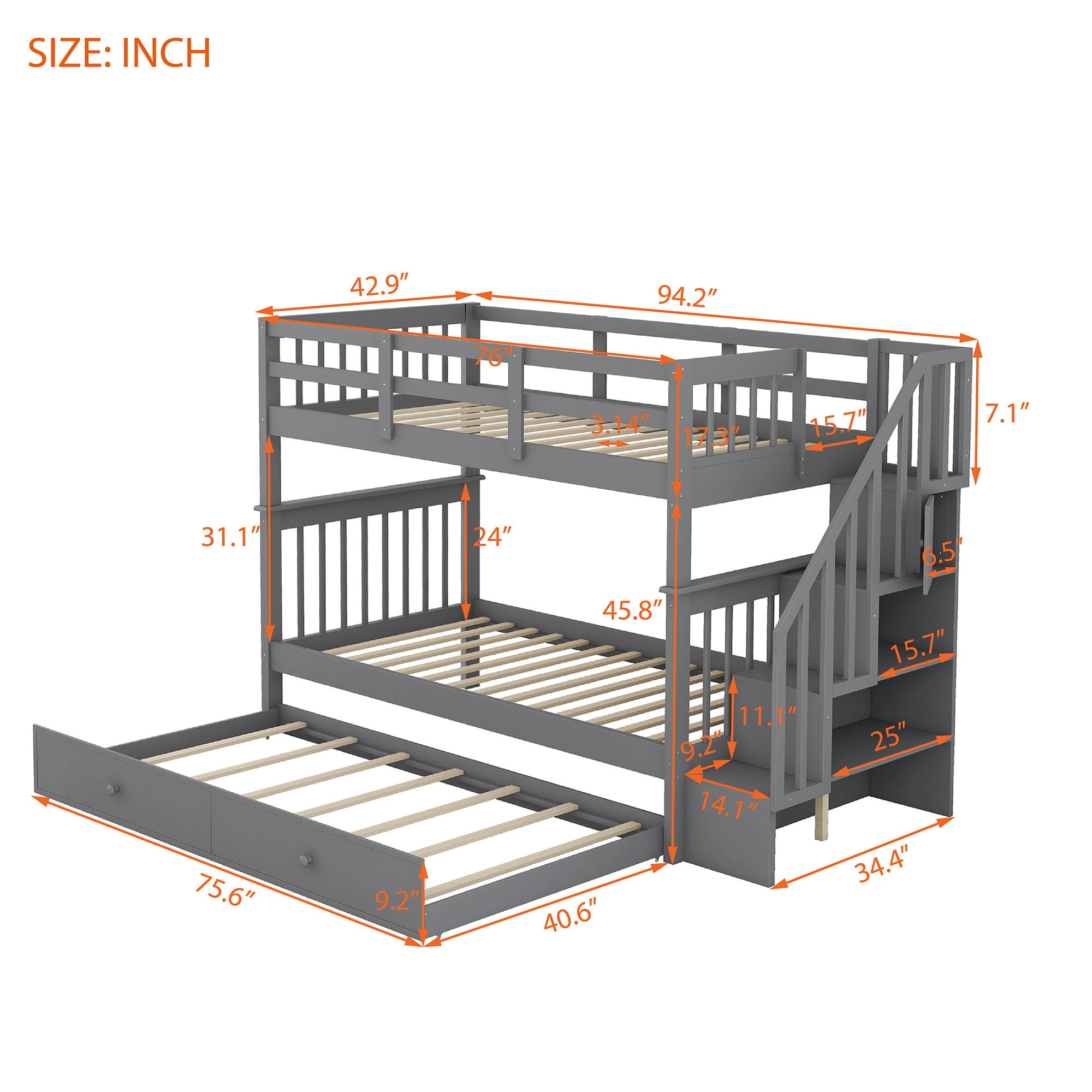 Stairway Bunk Bed With Storage And Guard Rail For Bedroom