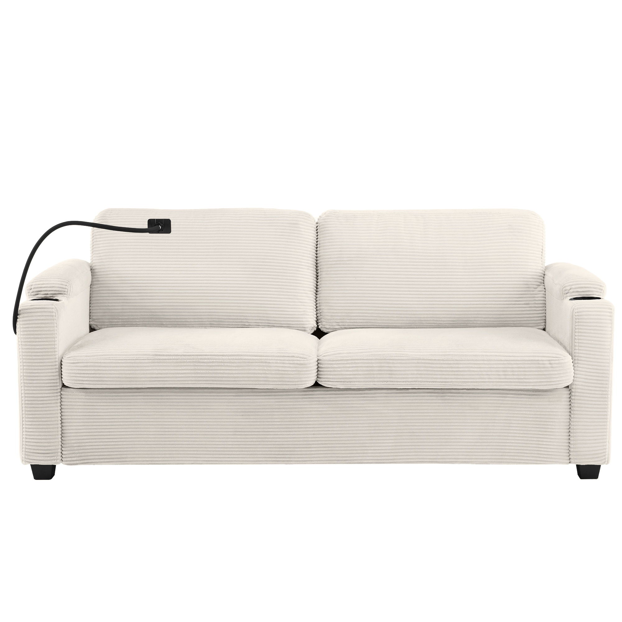 Corduroy Sleeper Sofa Loveseat Sofa With Full Size Mattress, 2 USB Ports, 2 Cup Holders, 2 Side Pockets And Phone Holder