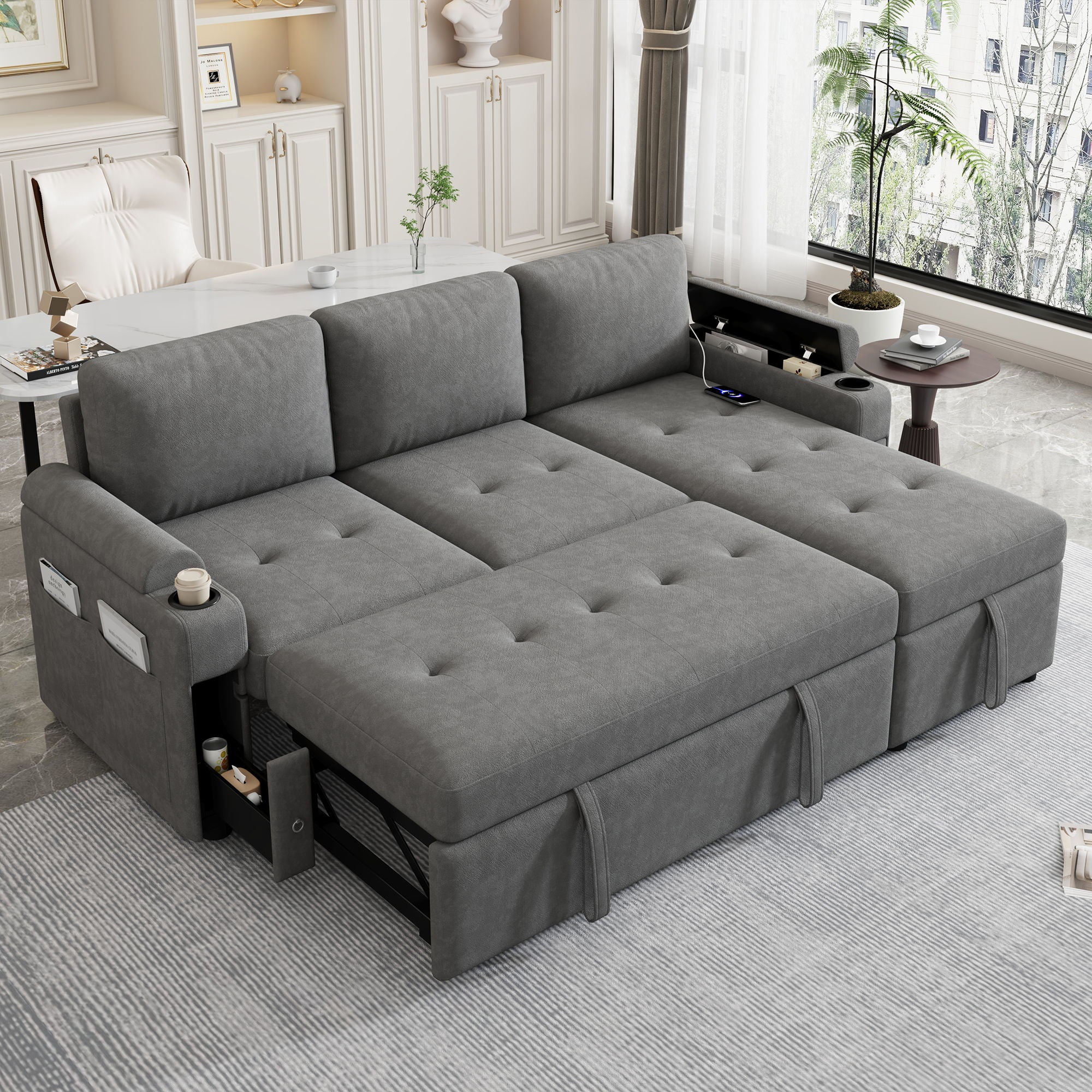 Convertible L Shaped Sofa Couch With Storage, Cup Holders, USB Ports