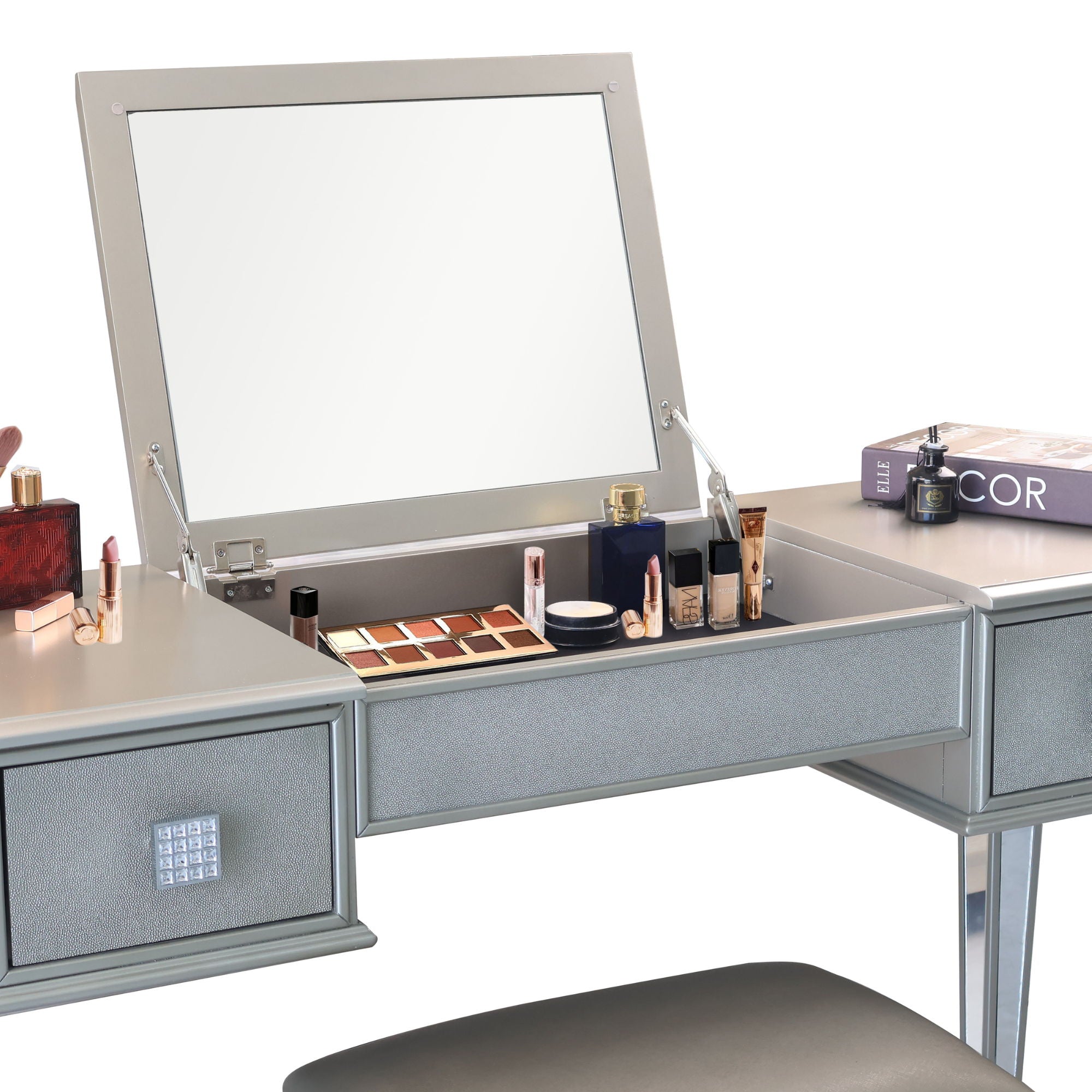 Mirrored Vanity Desk With Drawers And Stool, Flip Up Dressing Table Set For Makeup Room
