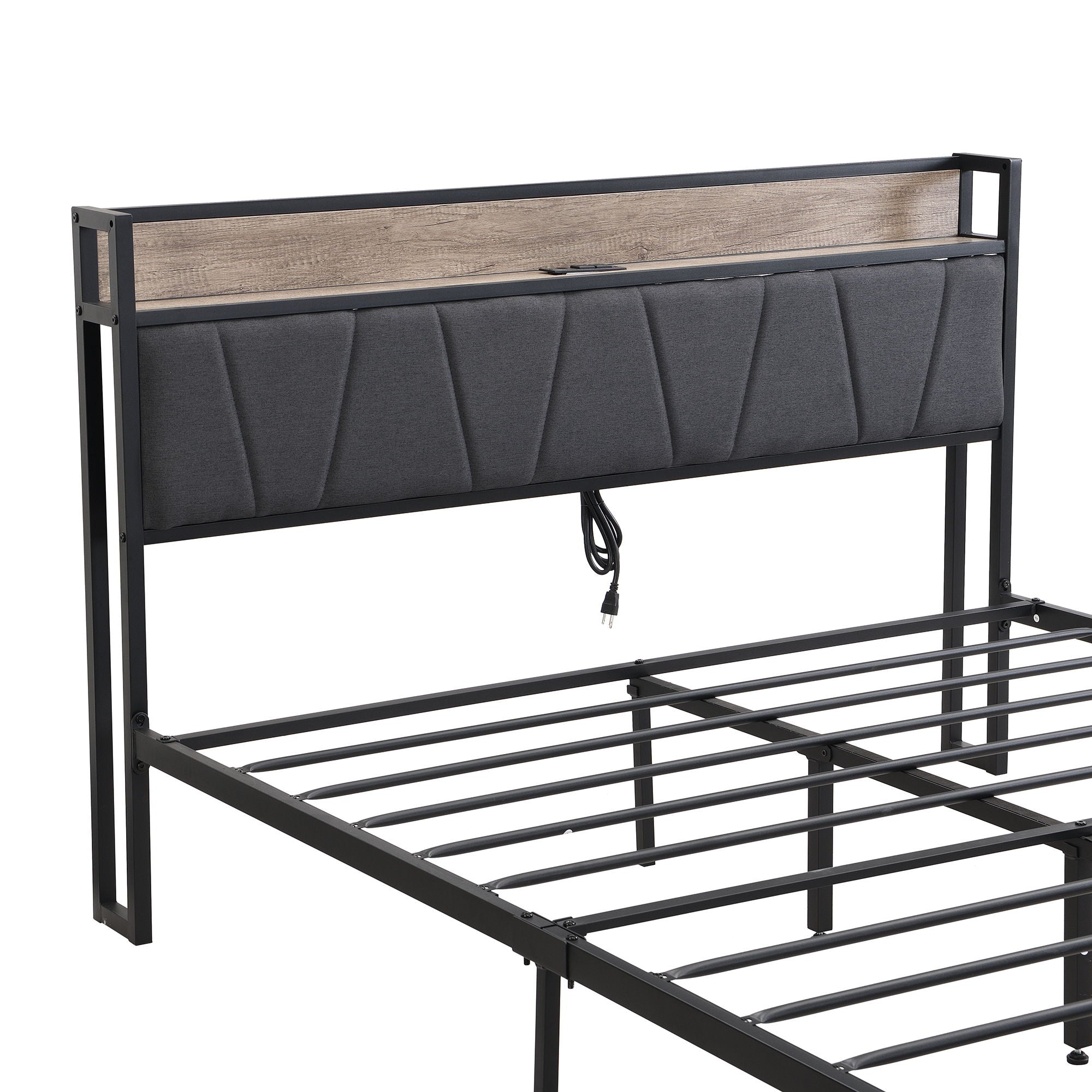 Modern Platform Bed Frame With Upholstered Storage Headboard, USB Ports