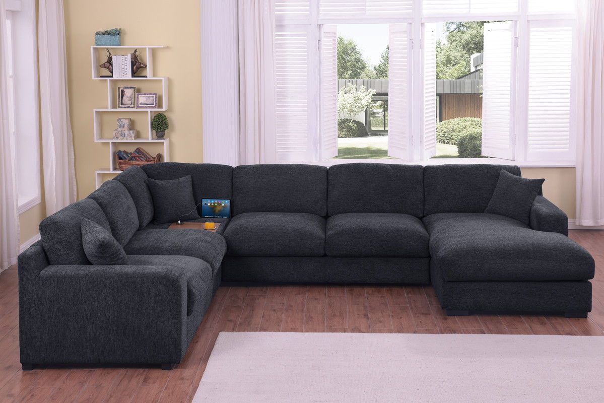 Celine 128"W Charcoal Chenille Fabric Corner Sectional Sofa with Right-Facing Chaise, Cupholders, and Charging Ports