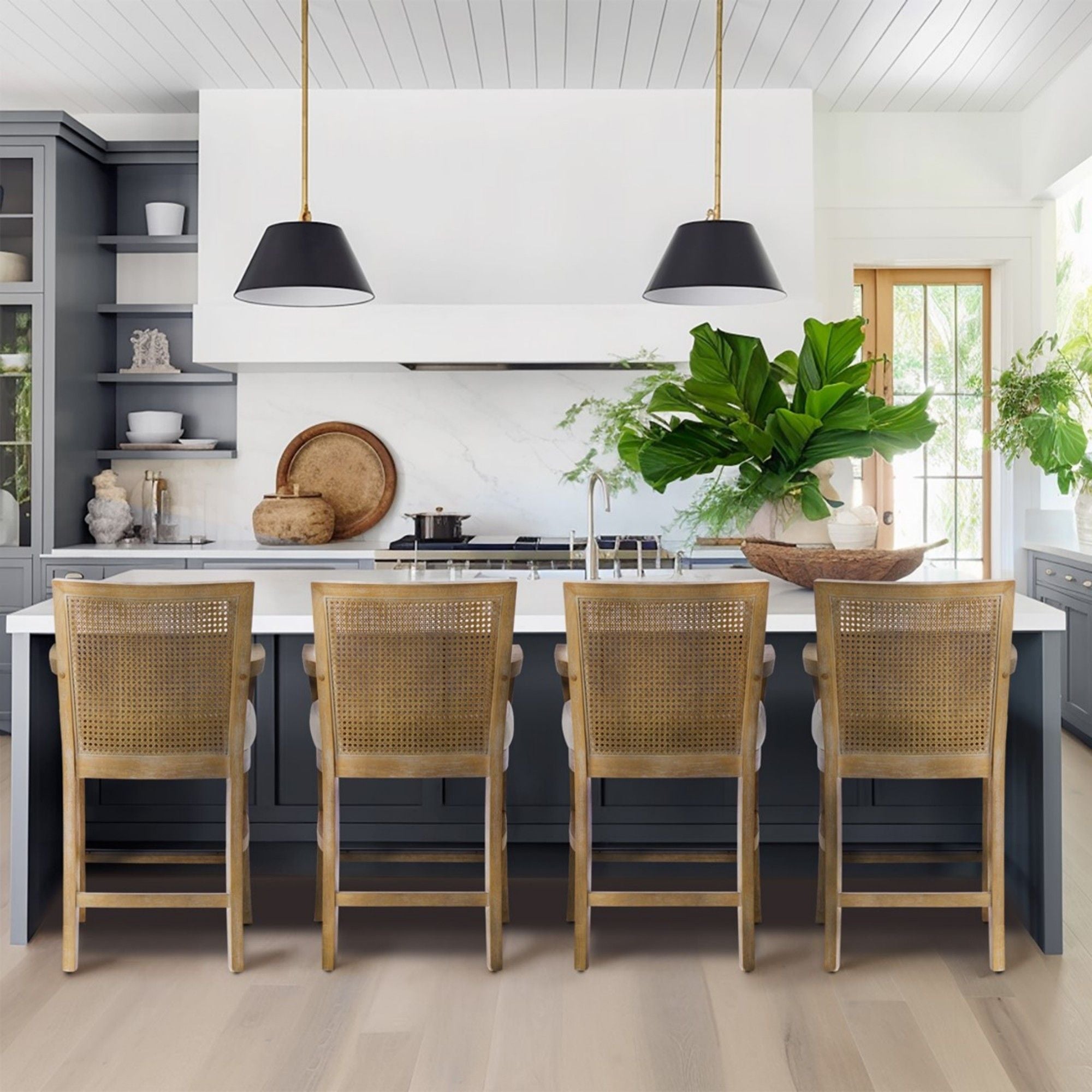 Cane Back Counter Stool With Upholstered Seat - Cream / Reclaimed Natural