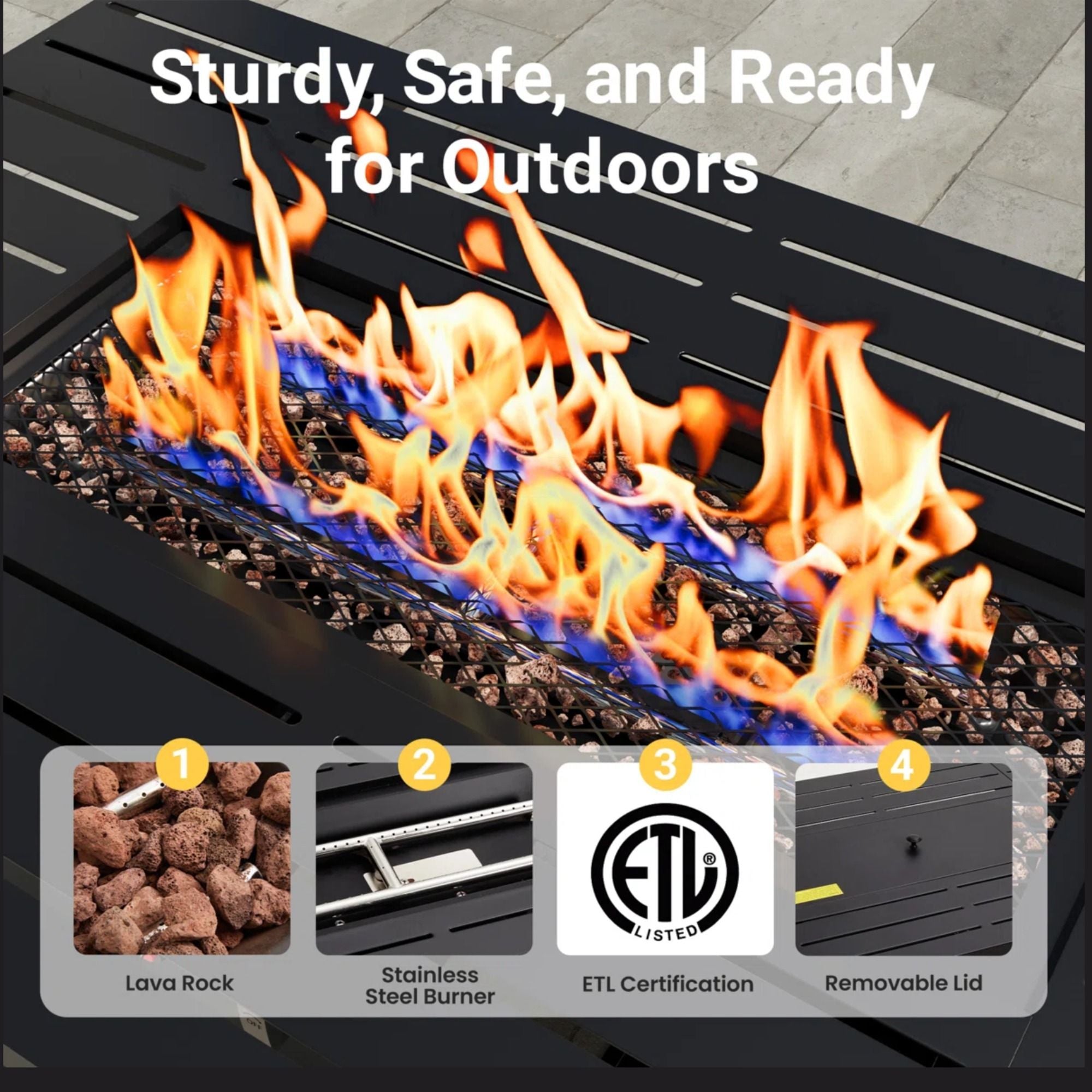 Outdoor 2 In 1 Gas Fire Pit Table With Lid & Glass Shield, Stainless Burner, Lava Rock, Rectangular Design - Black