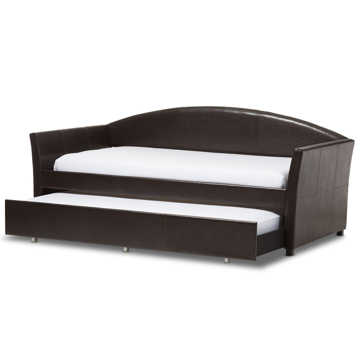 London Modern and Contemporary Brown Faux Leather Arched Back Sofa Twin Daybed with Roll-Out Trundle Guest Bed