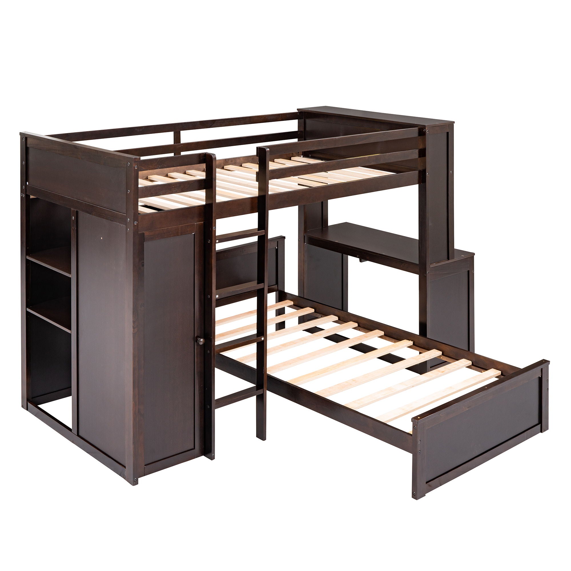 Loft Bed With A Stand Alone Bed, Shelves, Desk, And Wardrobe