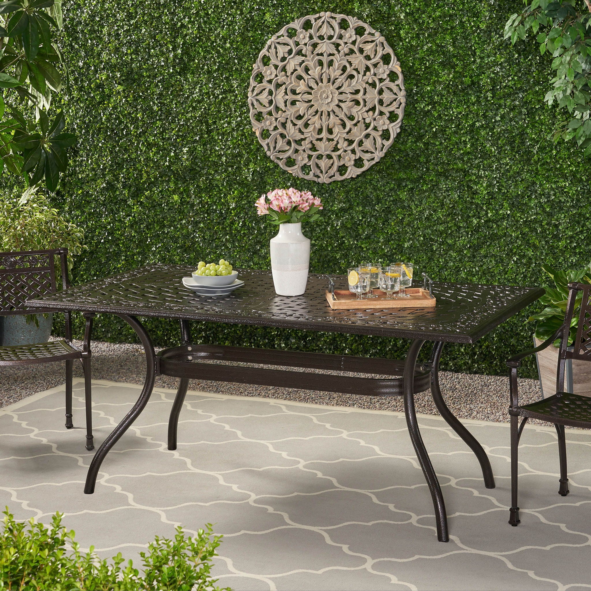 Celestine - Outdoor Cast Aluminum Dining Table With Floral Lattice Design And Umbrella Holder