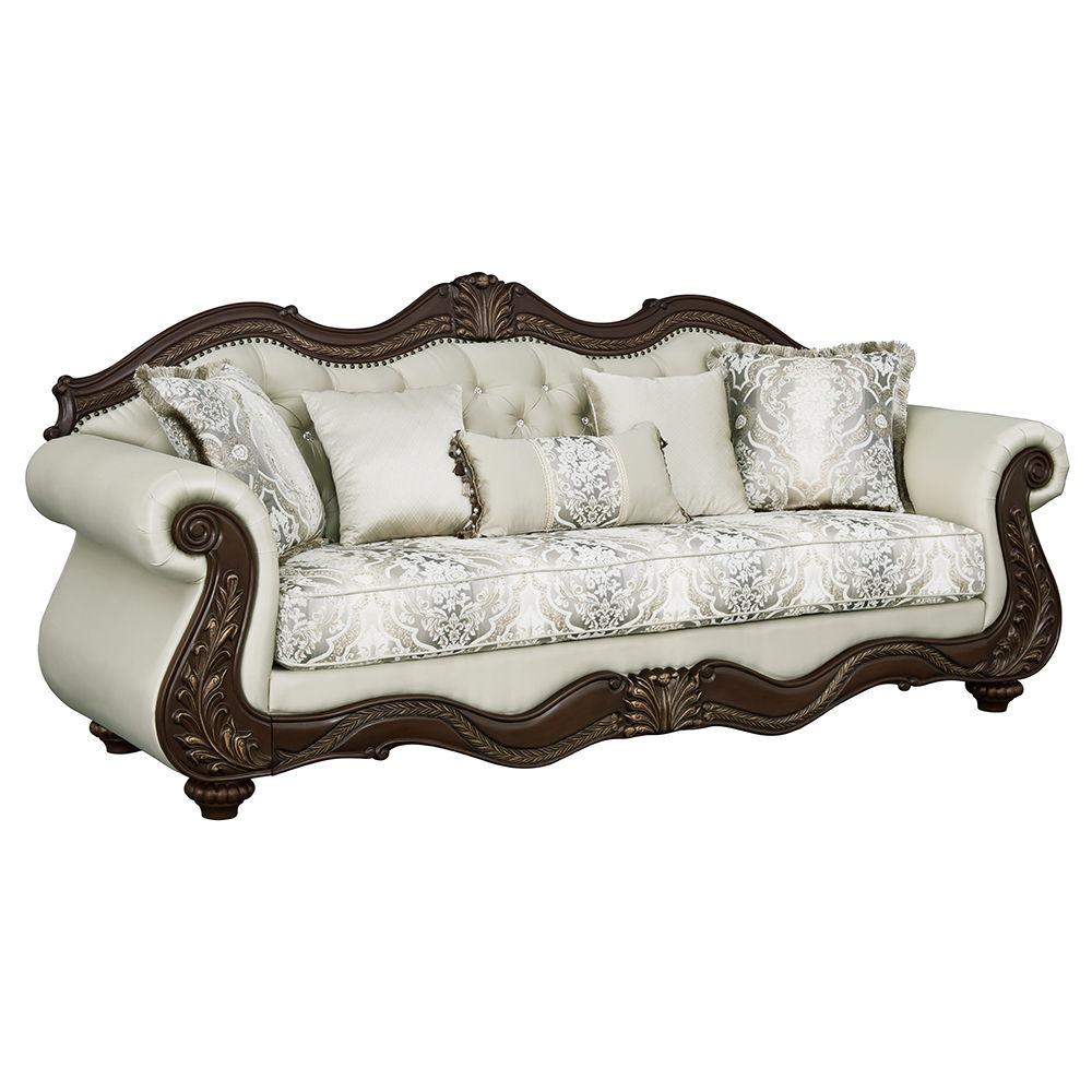 ACME Pierce - Sofa With 5 Pillows - Beige Fabric & Cherry Finish | Meri Furniture