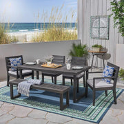 Outdoor 6 Seater Dining Set With Bench - Dark Gray / Light Gray