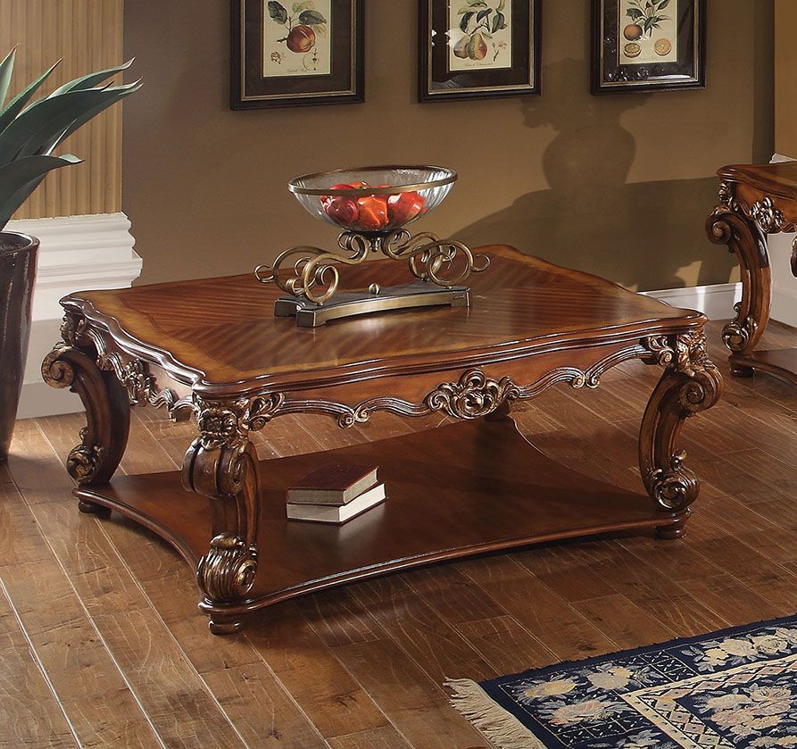 ACME KD, Table with Scrolled Leg and Bottom Shelf Top Apron: Scrolled Decor Trim | Meri Furniture