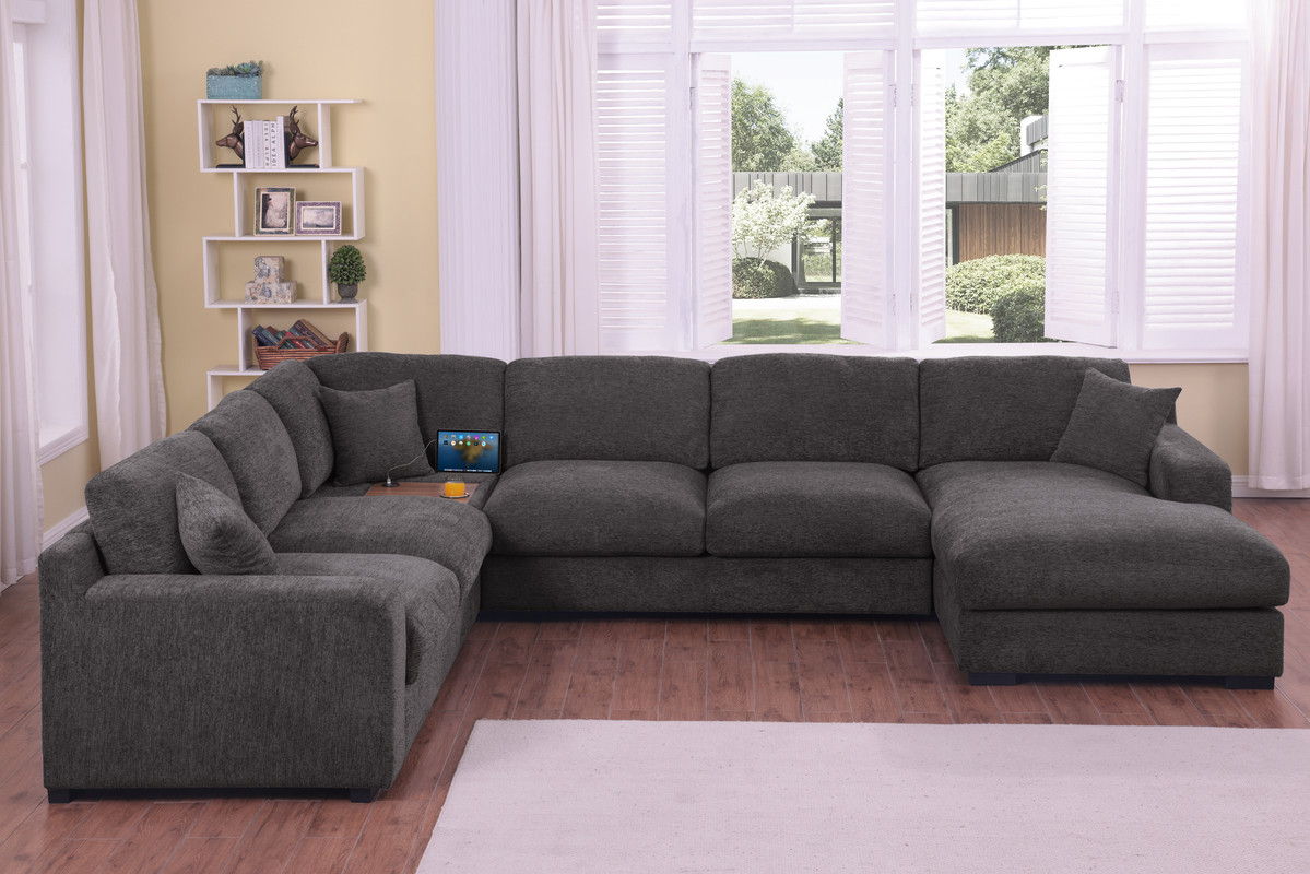 Celine 128"W Gray Chenille Fabric Corner Sectional Sofa with Right-Facing Chaise, Cupholders, and Charging Ports