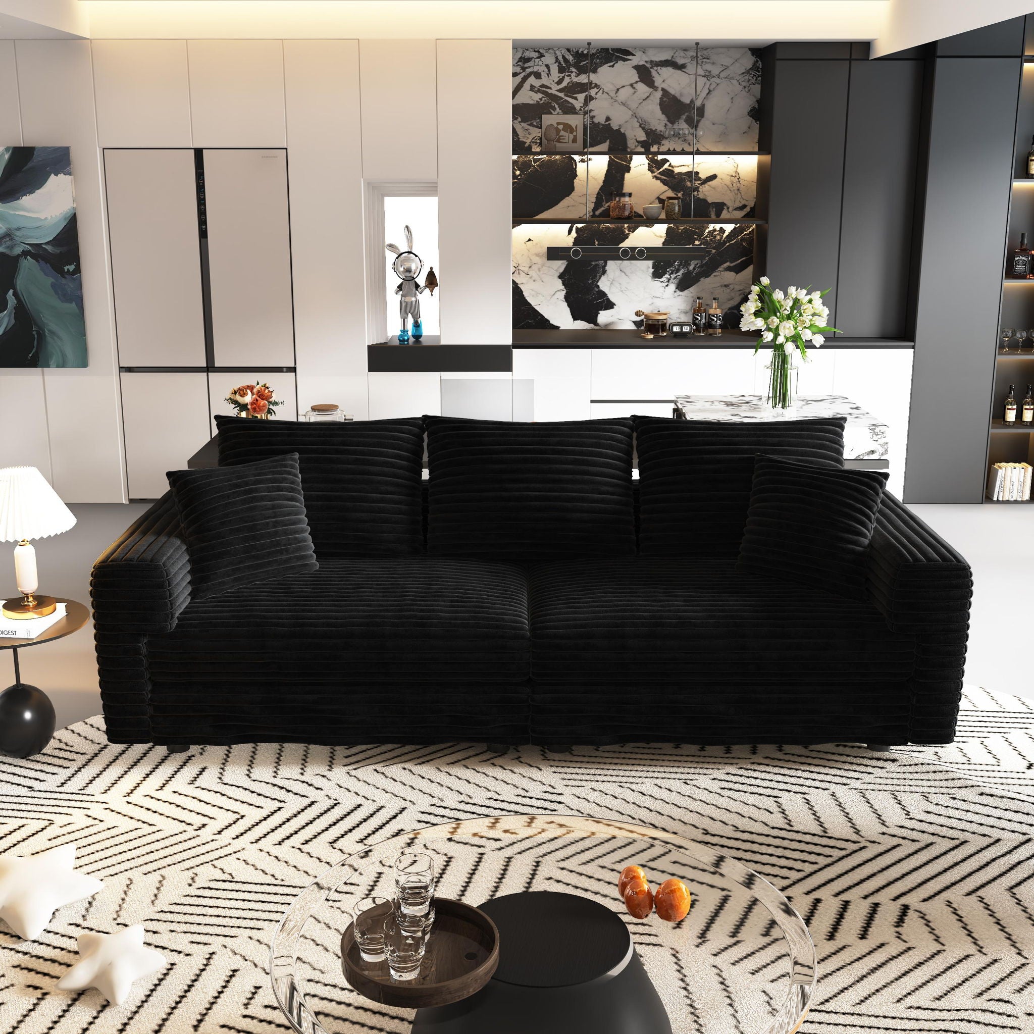 Plush Corduroy 4 Seat Sofa, Modern Comfy Upholstered Sofa Cloud Couch, Deep Seat Couches With Soft Pillows