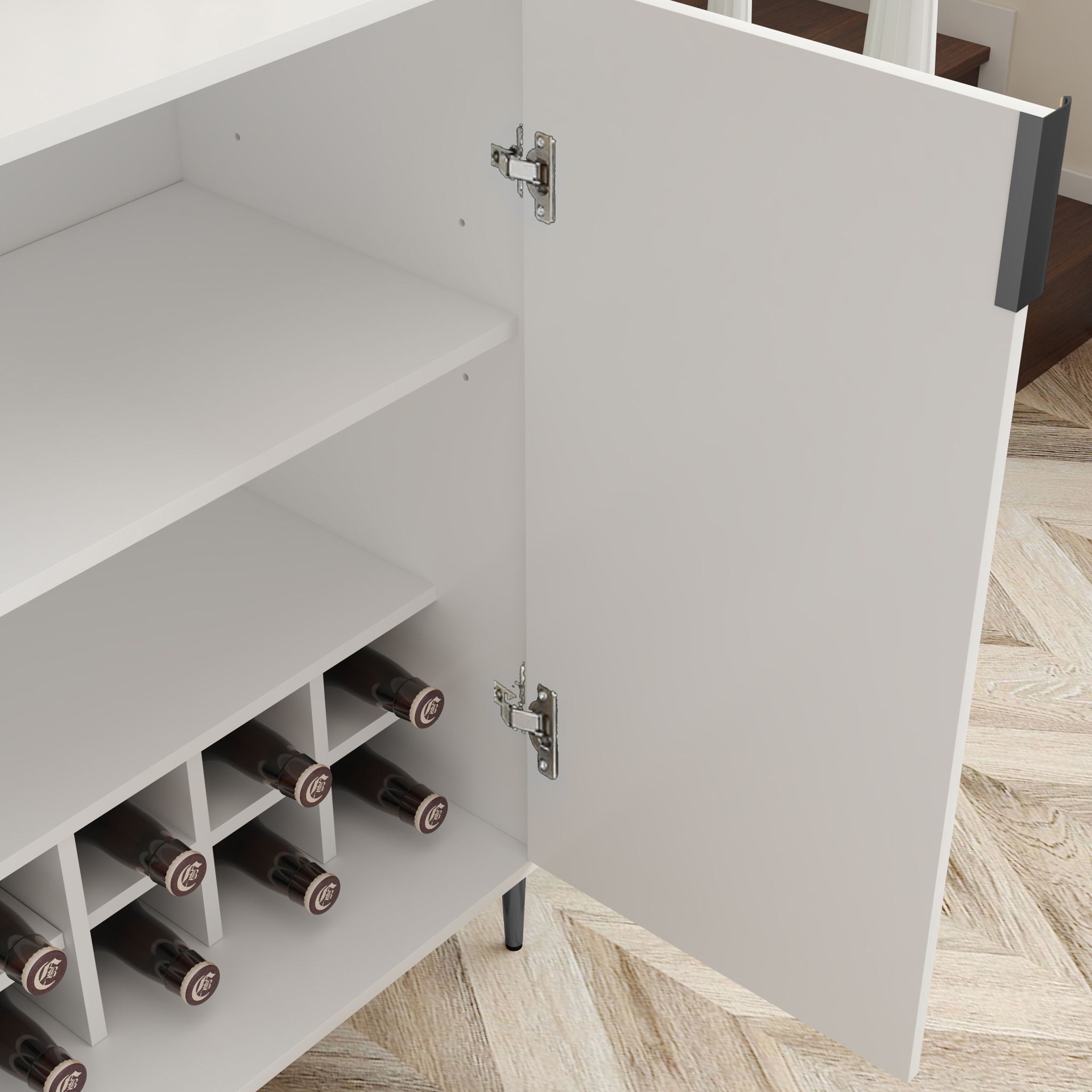 2 Door Wine Bar Cabinet With Adjustable Shelf, Soft-Closing Hinges, And High Feet - White