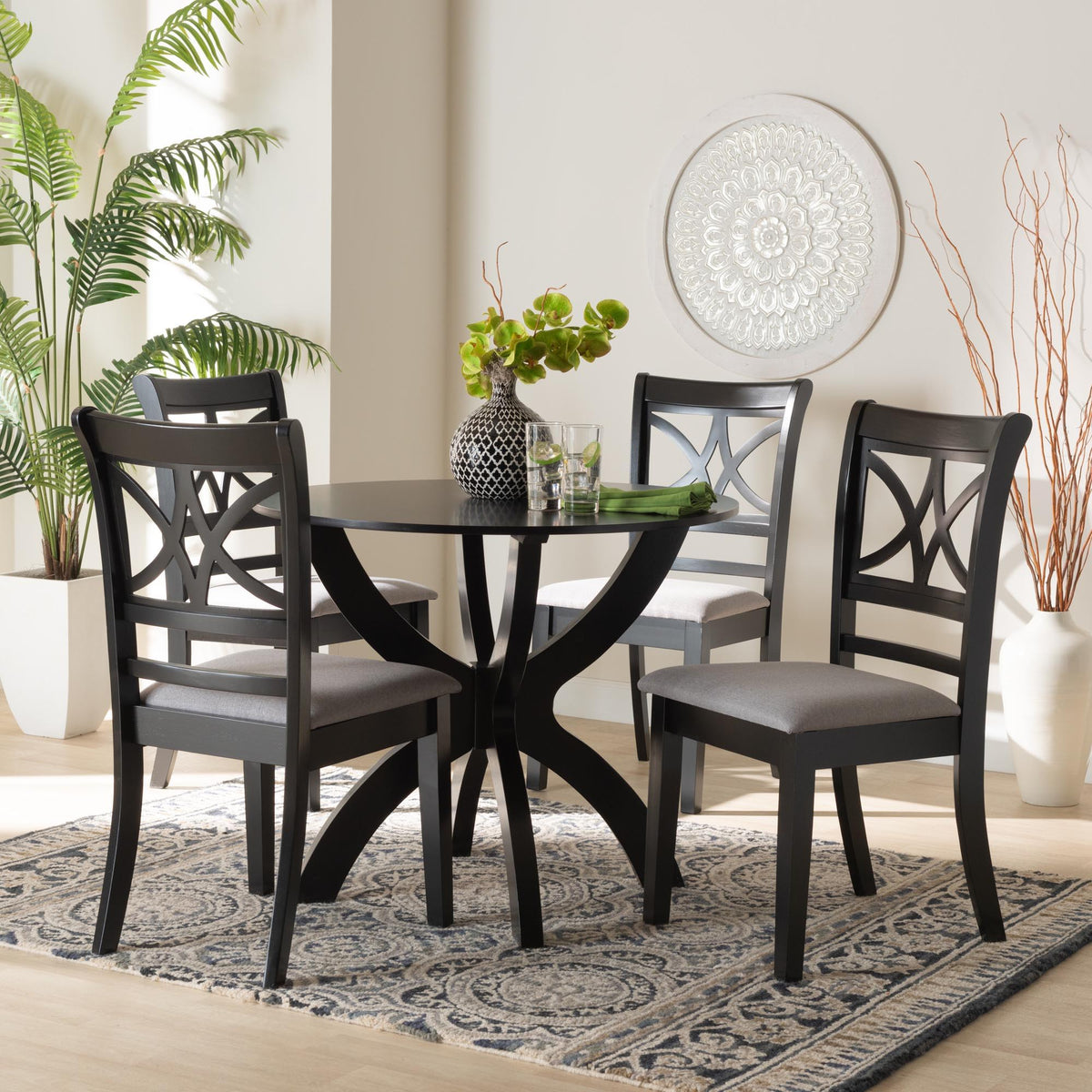 Noemi Modern Grey Fabric and Dark Brown Finished Wood 5-Piece Dining Set