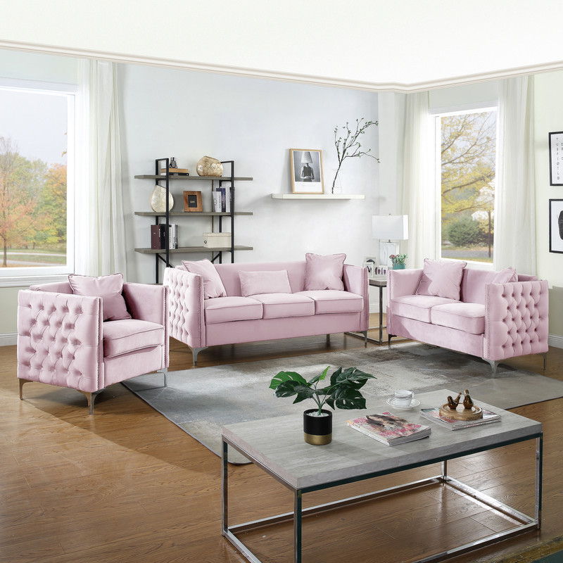 Bayberry Pink Velvet Sofa Loveseat Chair Living Room Set