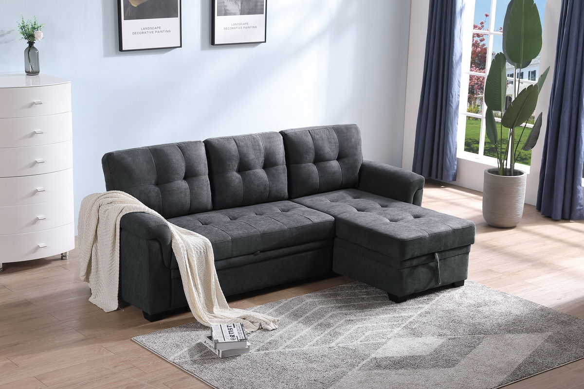 Lucca 84"W Dark Gray Fabric Reversible Sectional Sleeper Sofa Chaise with Storage